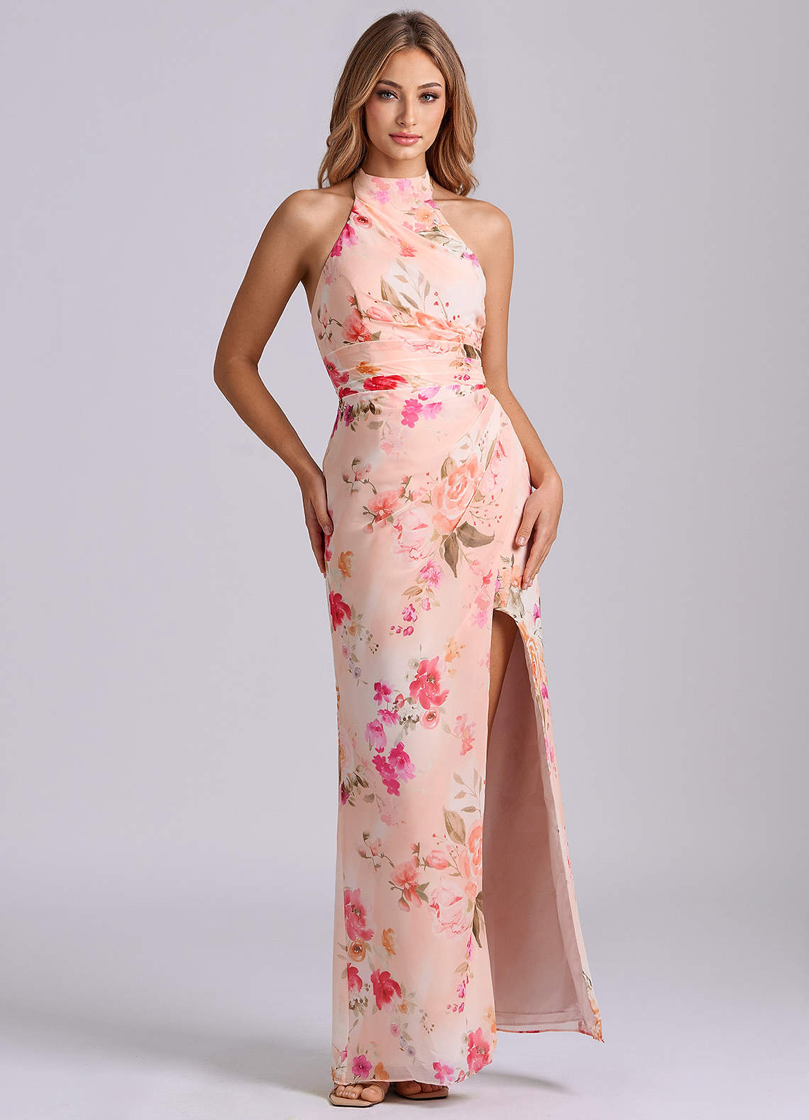 Azazie Jemma Jurken voor bruidsmeisjes Jurk van Chiffon met Kolom Geplooid Abstract Boeket Bloemen image3