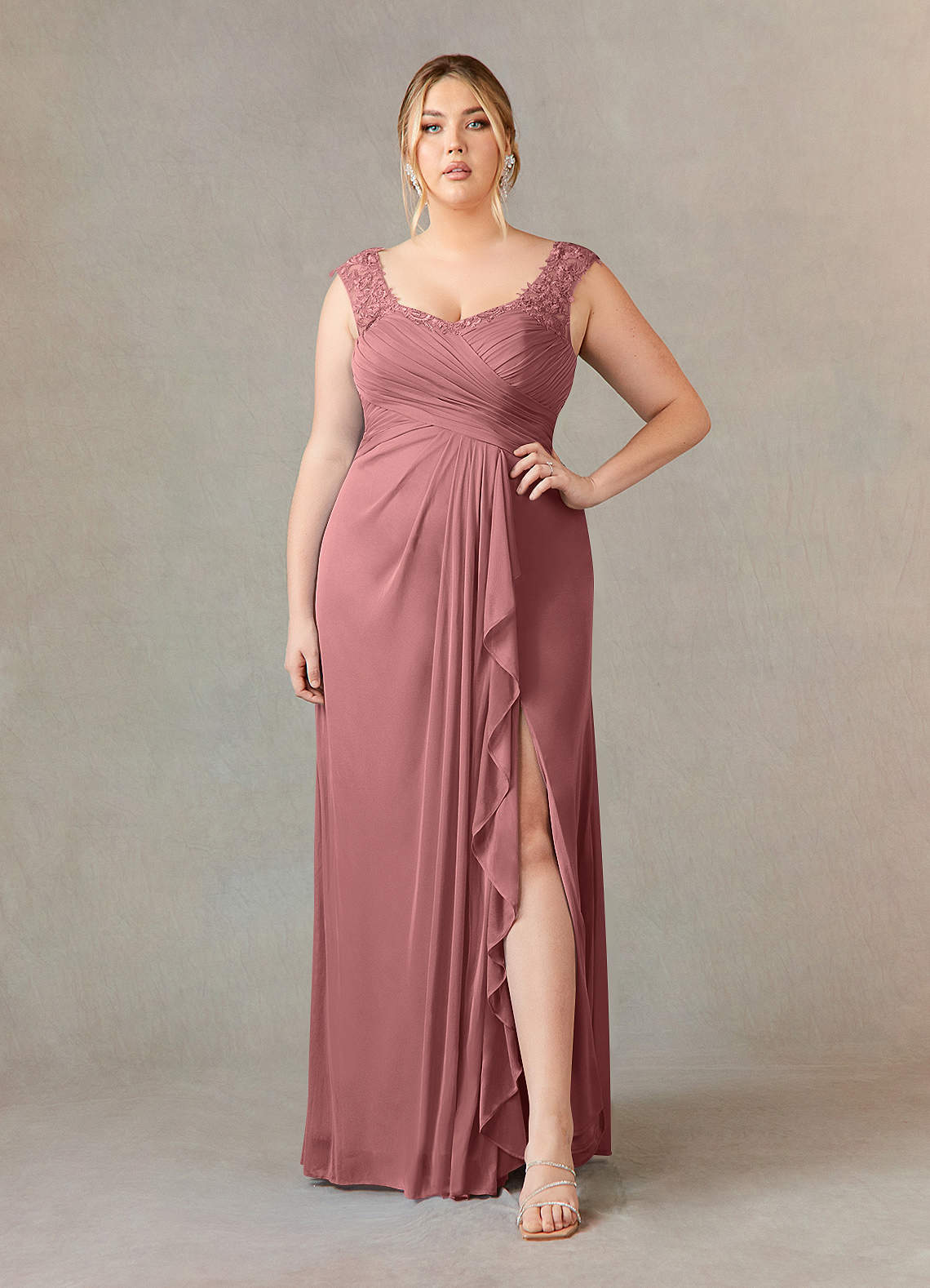 Azazie Edelin vestidos de madre de la novia Vestido de Rosa Del Desierto de Malla de Corte en A con Cuello Corazón Plisado image1