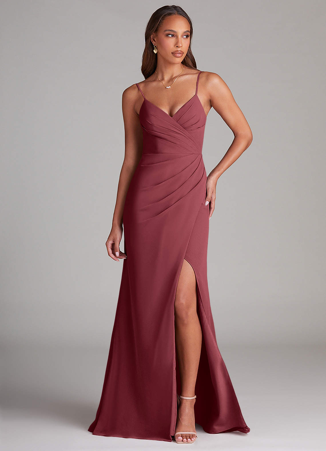 Azazie Maci Brautjungfernkleider Etui Plissee Chiffon Kleid Merlot image1