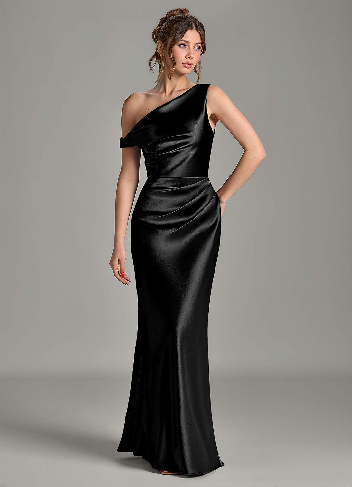 Azazie Emerson At-home Try On Dresses Black Mermaid Off the Shoulder Metallic Satin Dress image3