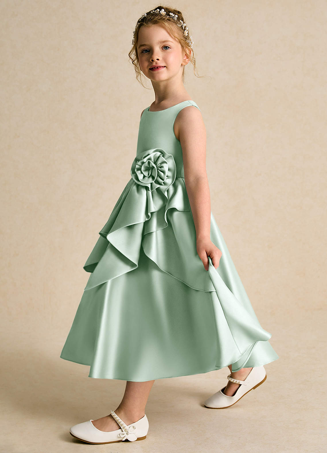 Azazie Hermia Flower Girl Dresses Agave A-Line Sleeveless Matte Satin Dress image3