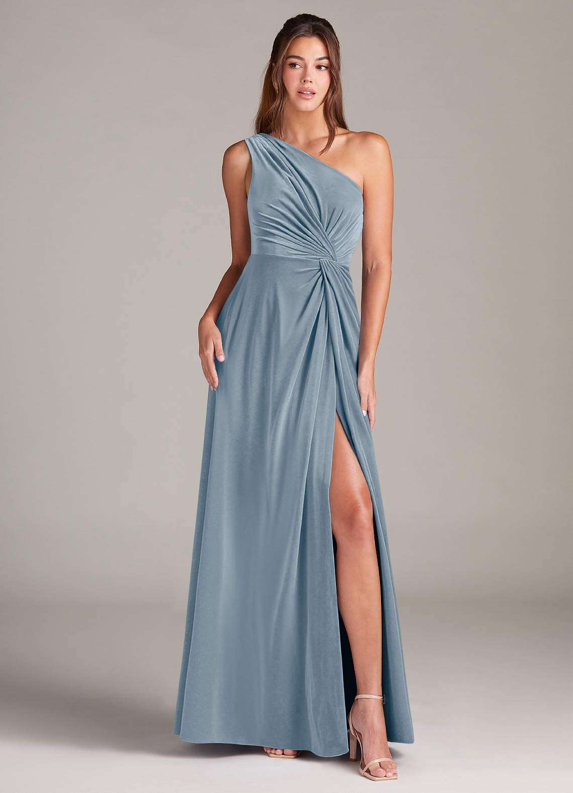 Azazie Brooke Bridesmaid Dresses Dusty Blue A-Line One Shoulder Velvet Dress image1