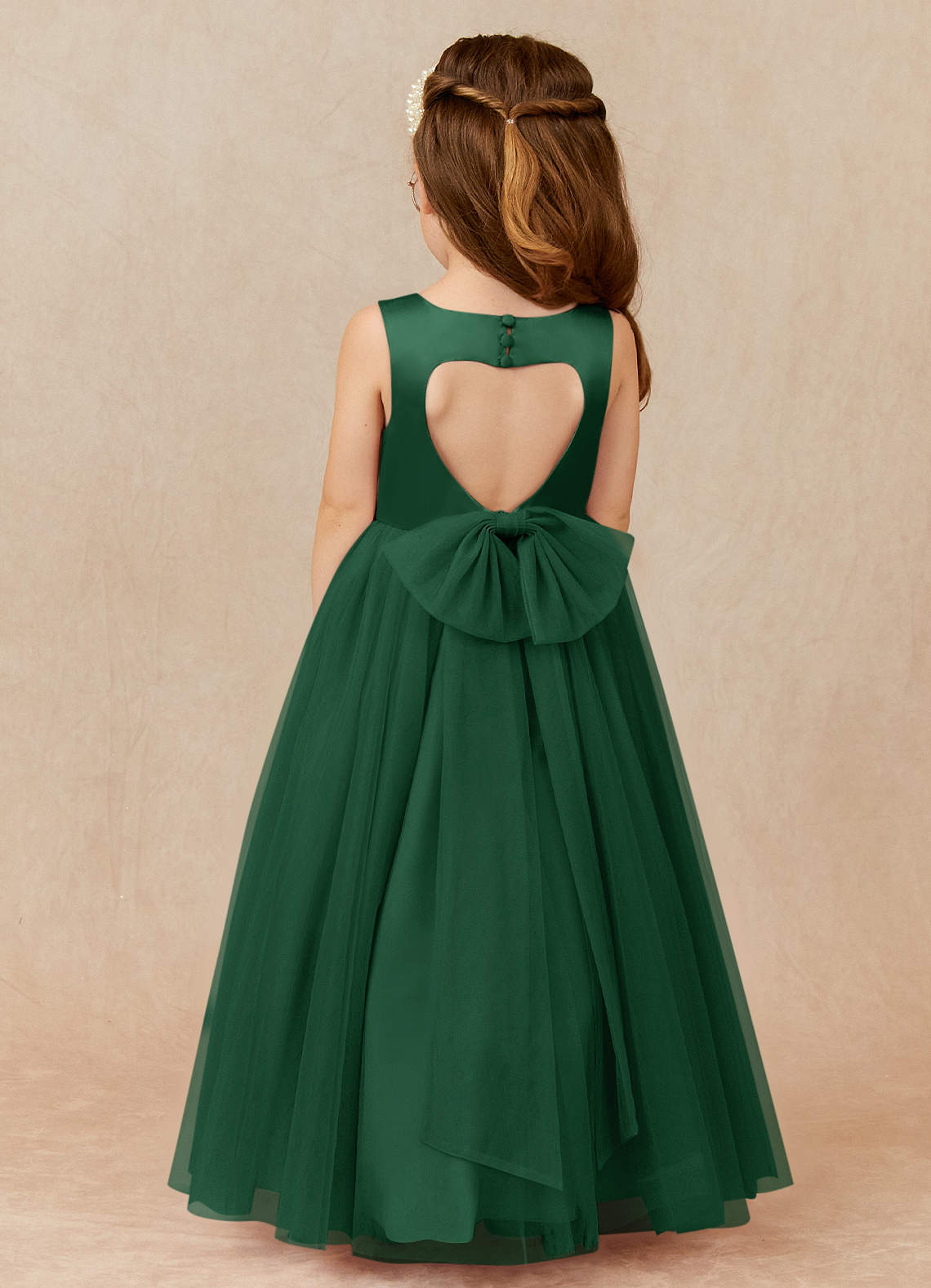 Azazie Muni Abiti da Ragazza di Fiori Abito A-Line in Tulle Fiocco Verde Scuro image1