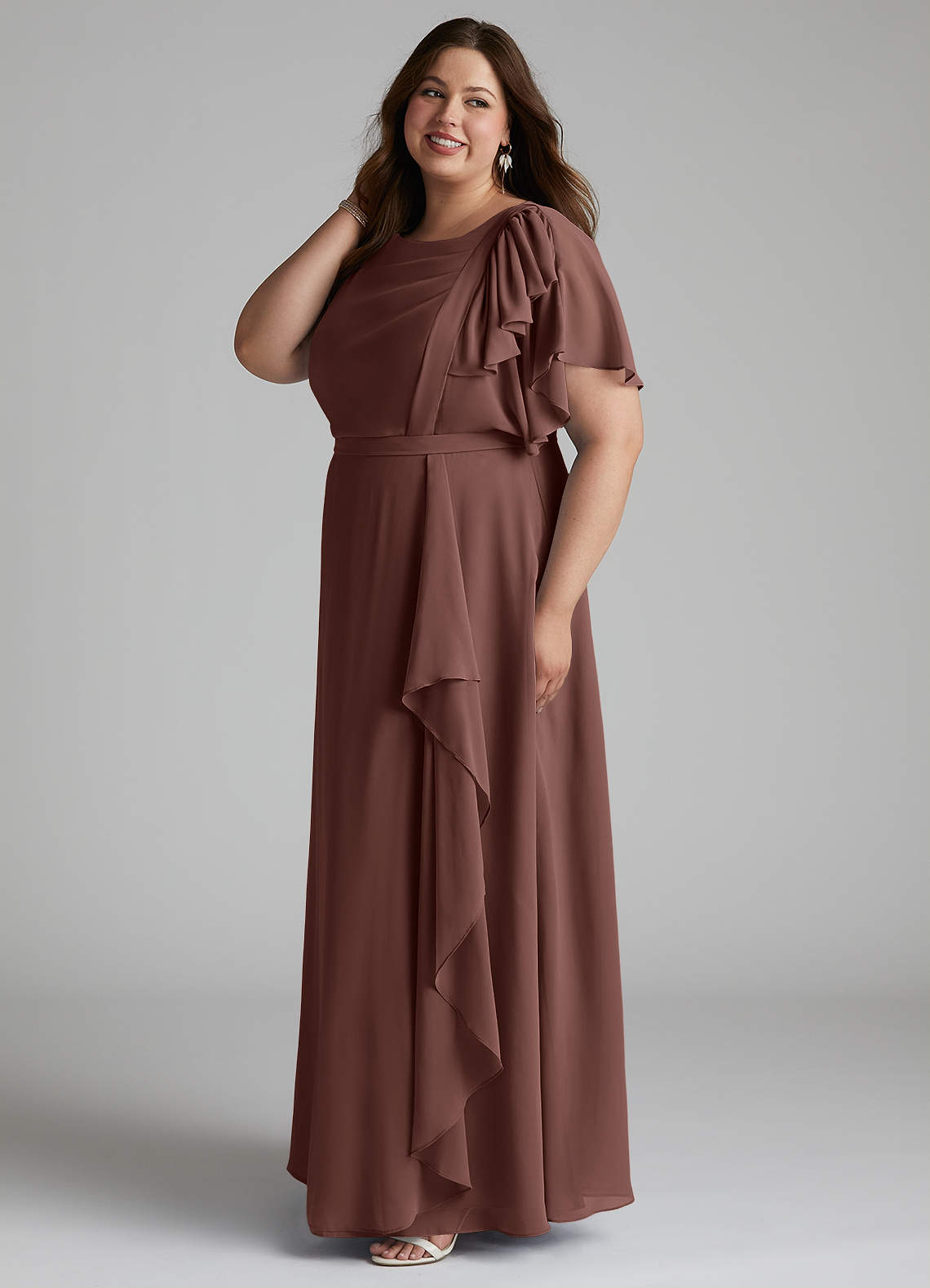 Azazie Aaliyah Robes de demoiselle d'honneur modestes Robe Trapèze Plissé à encolure dégagée Longueur ras du sol Mousseline de soie image6