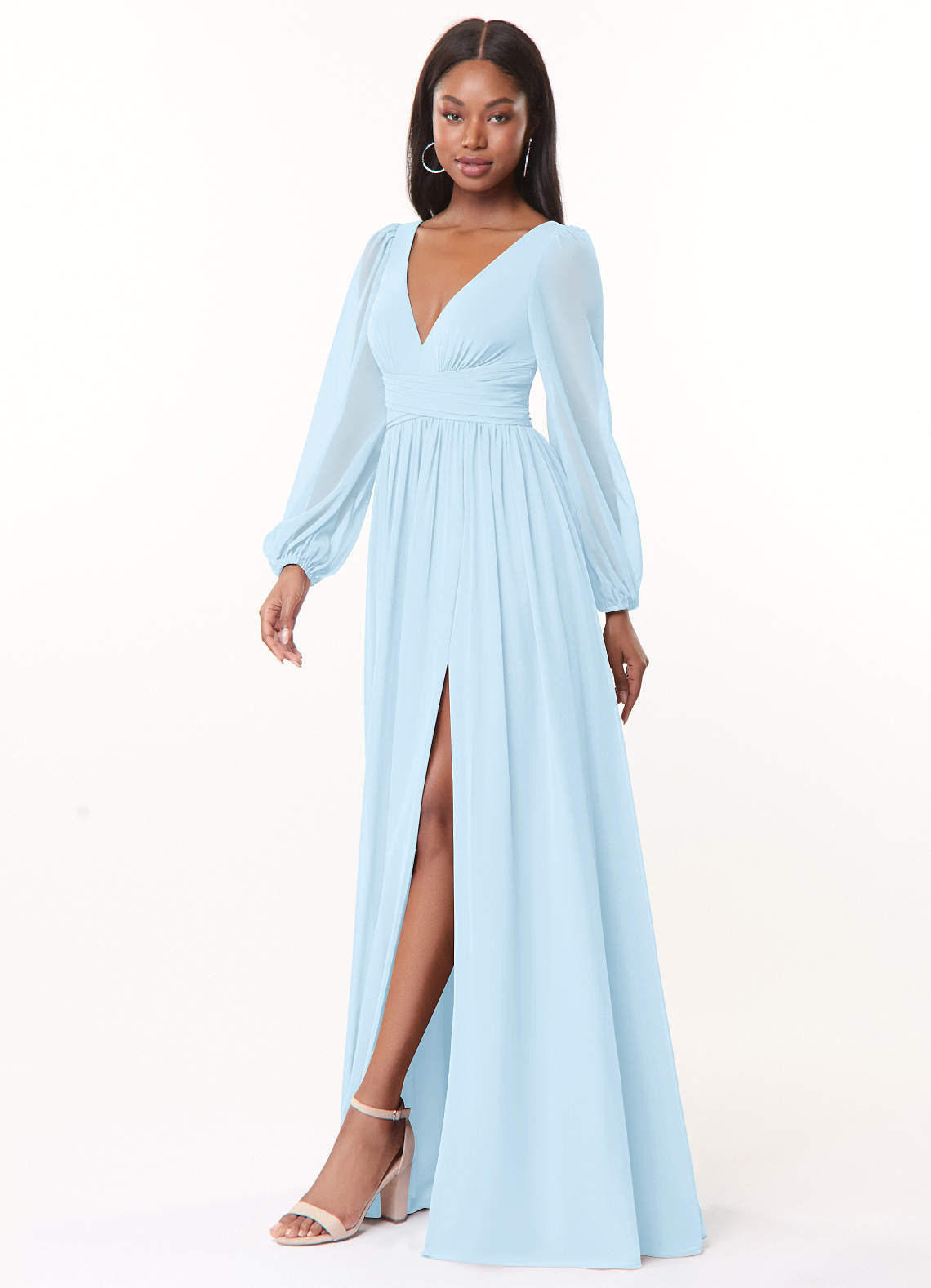 Azazie Norah Abiti da Damigella Abito A-Line in Chiffon con Maniche lunghe e Scollo a V Azzurro image3