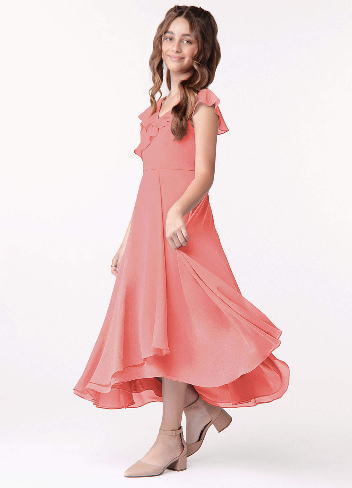 Azazie Posie Junior Coral A-Line Ruched Chiffon Dress image1