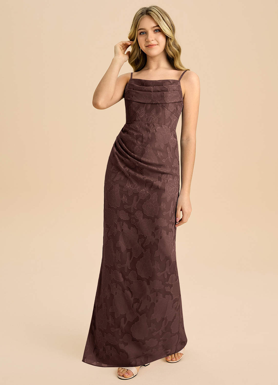 Azazie Mai Junior Espresso Sheath Pleated Floral Burnout Dress image5