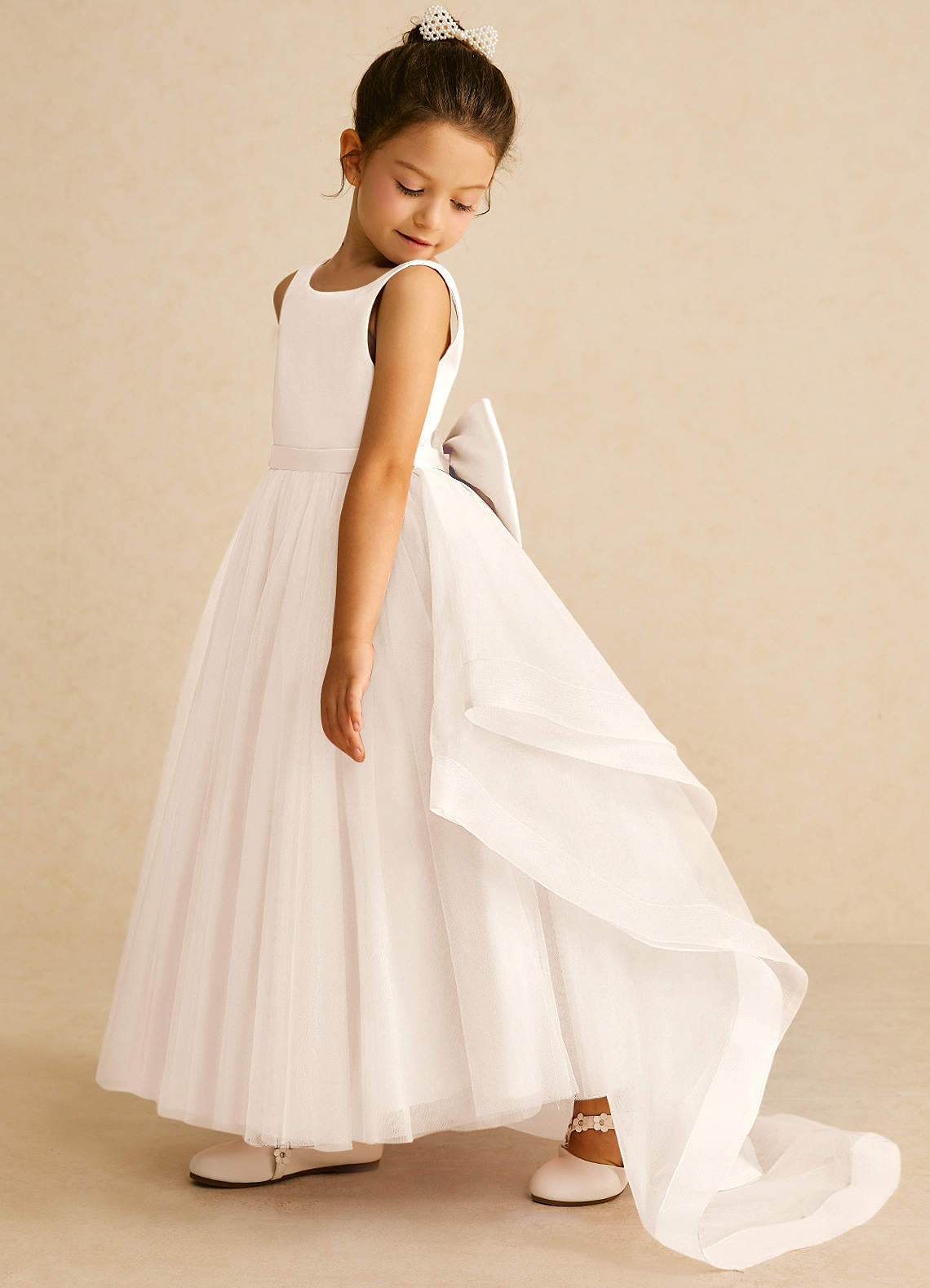 Azazie Pumpkin Flower Girl Dresses White Alabaster A-Line Bow Tulle Dress image3