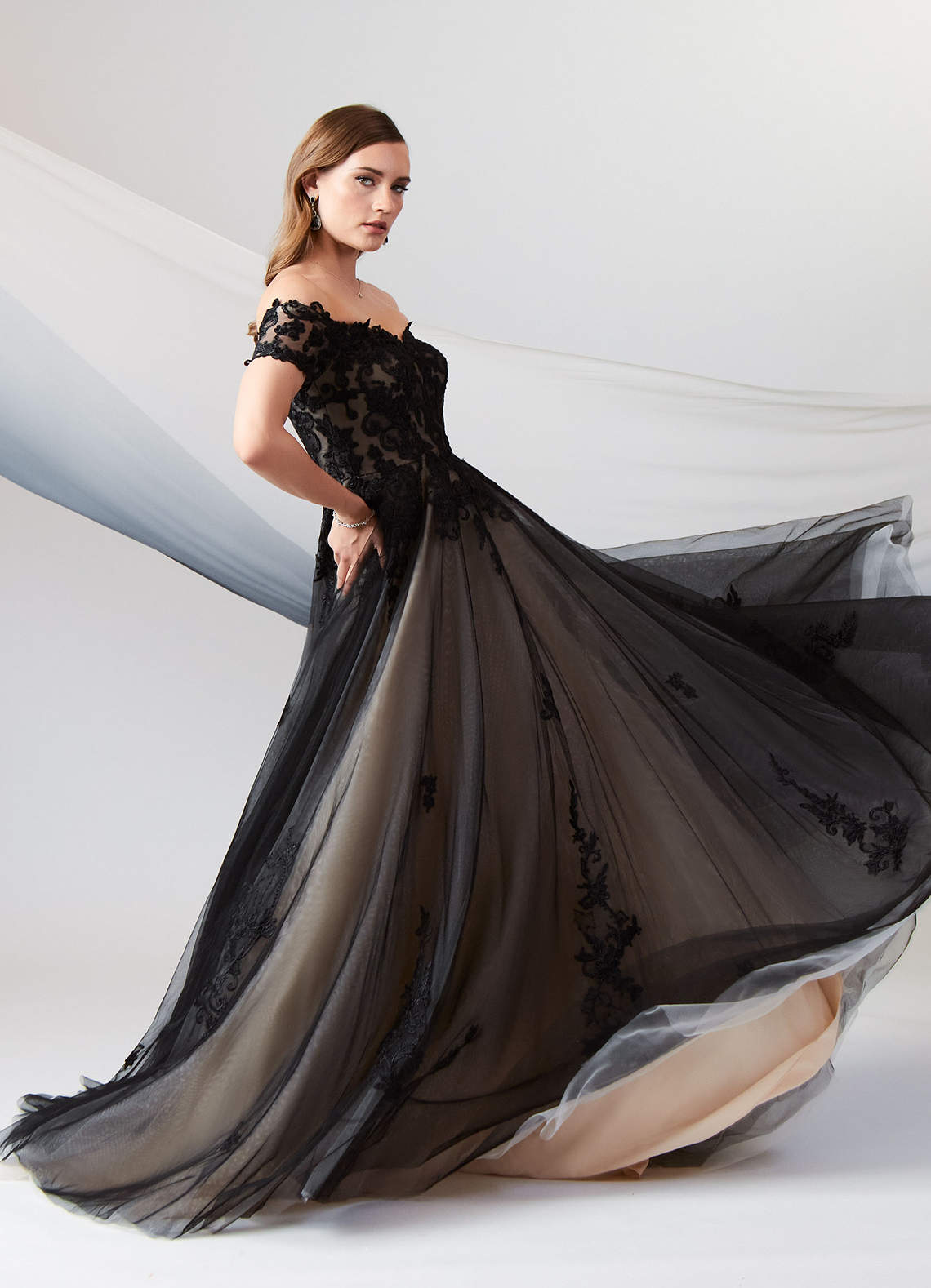 Azazie Rowe Black Champagne Ball Gown Off the Shoulder Tulle Dress Azazie