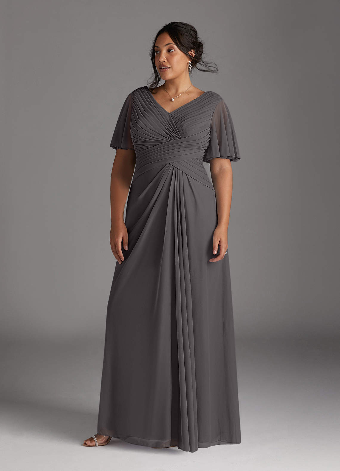 Azazie Emmeline Mother of the Bride Dresses Steel Grey A-Line V-Neck Pleated Mesh Dress image6