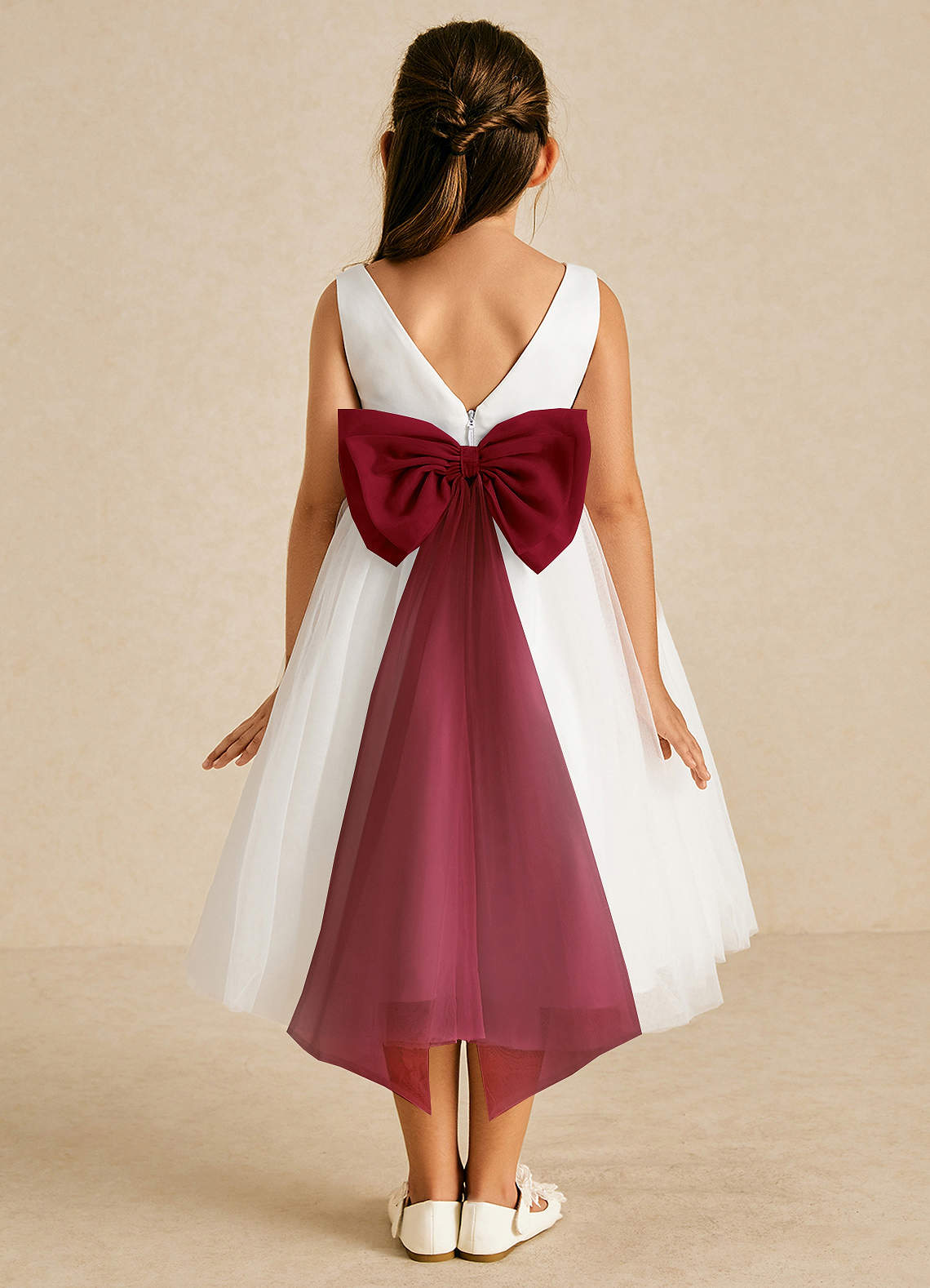 Azazie Kavi Flower Girl Dresses Ivory Burgundy A-Line Bow Matte Satin Dress image1