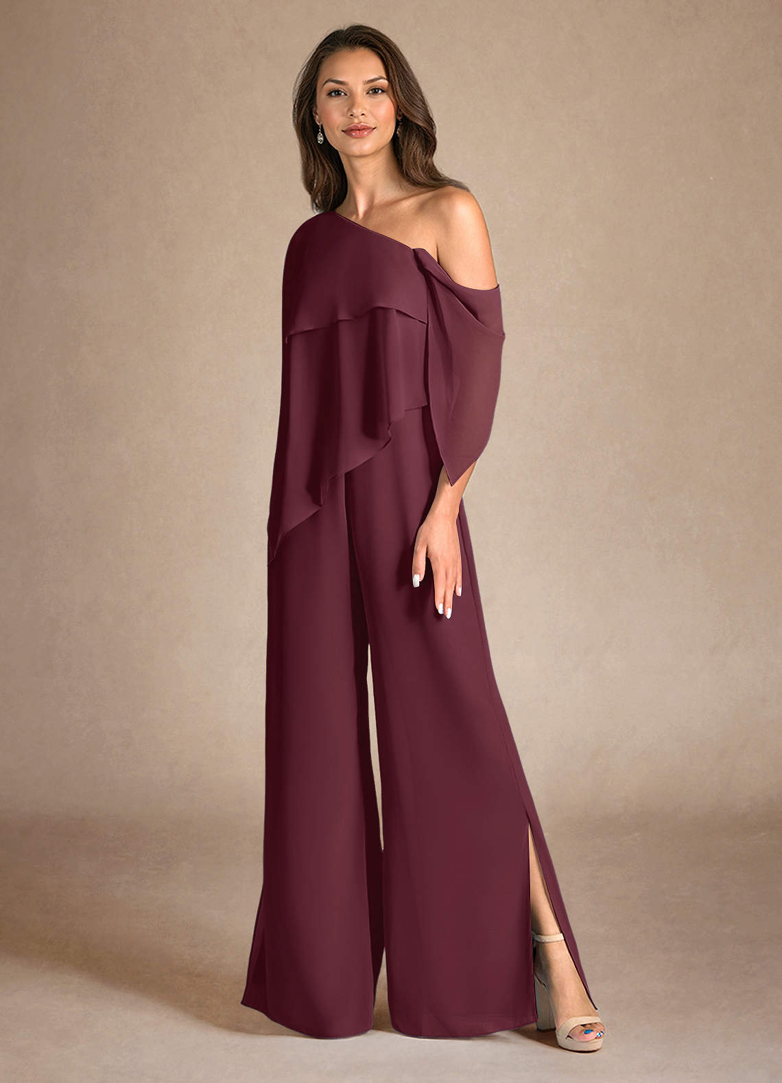 Azazie Halima Mother of the Bride Dresses Cabernet Jumpsuit/Pantsuit Side Slit Chiffon Dress image5