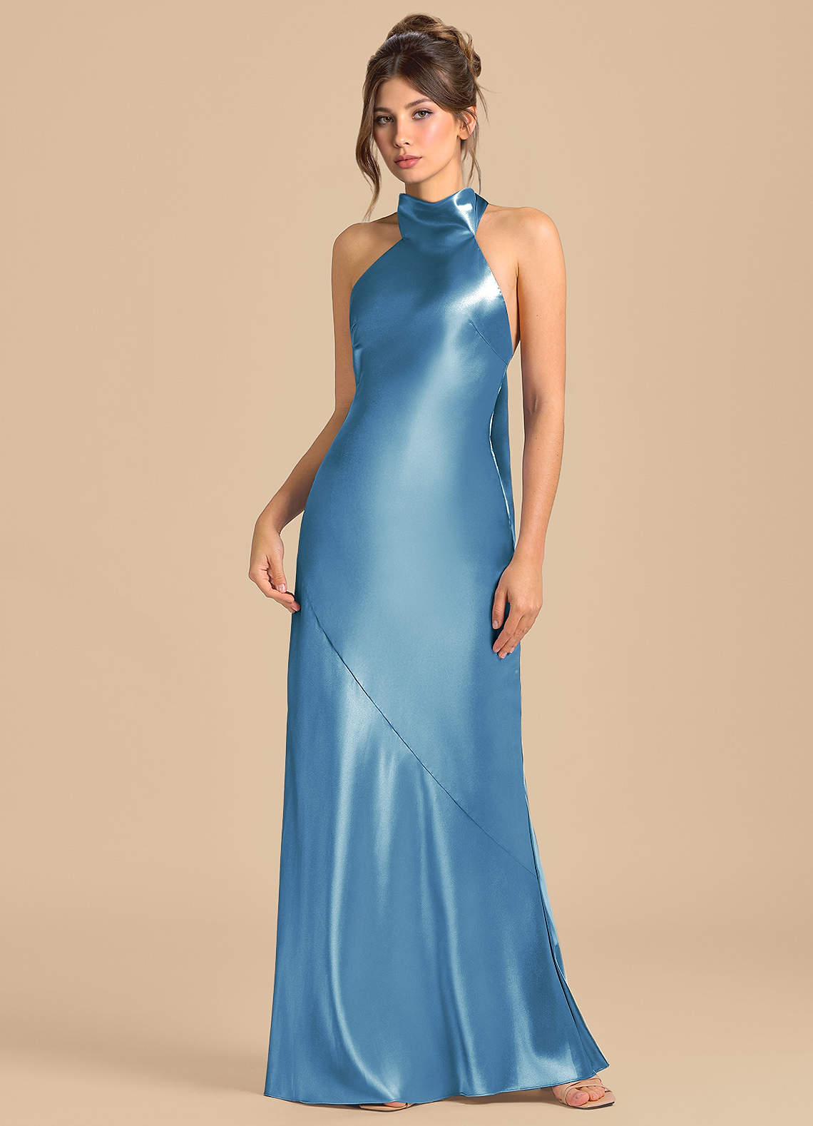 Azazie Velli Vestidos de damas de honor Vestido de Azul Acero de Satén Metálico de Corte Recto con Cuello Alto image2