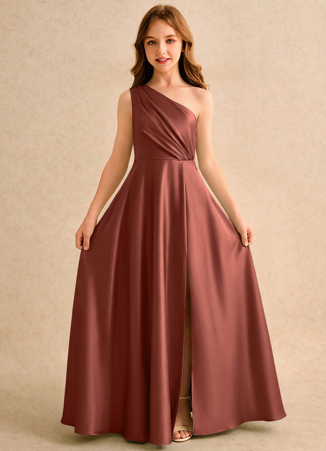 Azazie Puddles Girls Formal Robe Demoiselle D'honneur Fillette Robe Trapèze en Satin extensible Une épaule Auburn image4