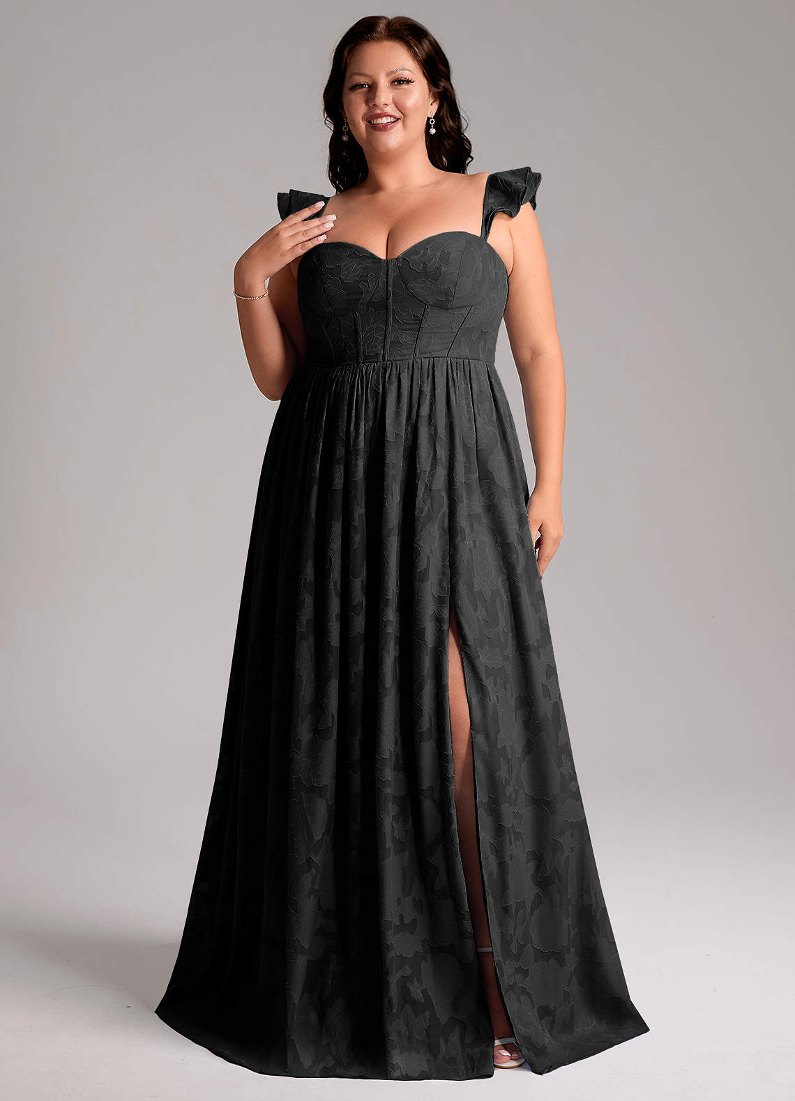 Azazie Denisse Bridesmaid Dresses Black A-Line Ruched Floral Burnout Dress image6