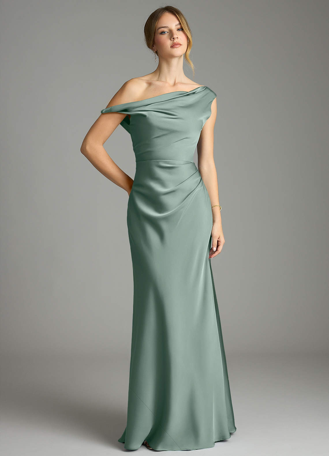 off shoulder bridesmaid dresses uk Azazie Emerson Silver Sage Stretch Satin Find your perfect fit