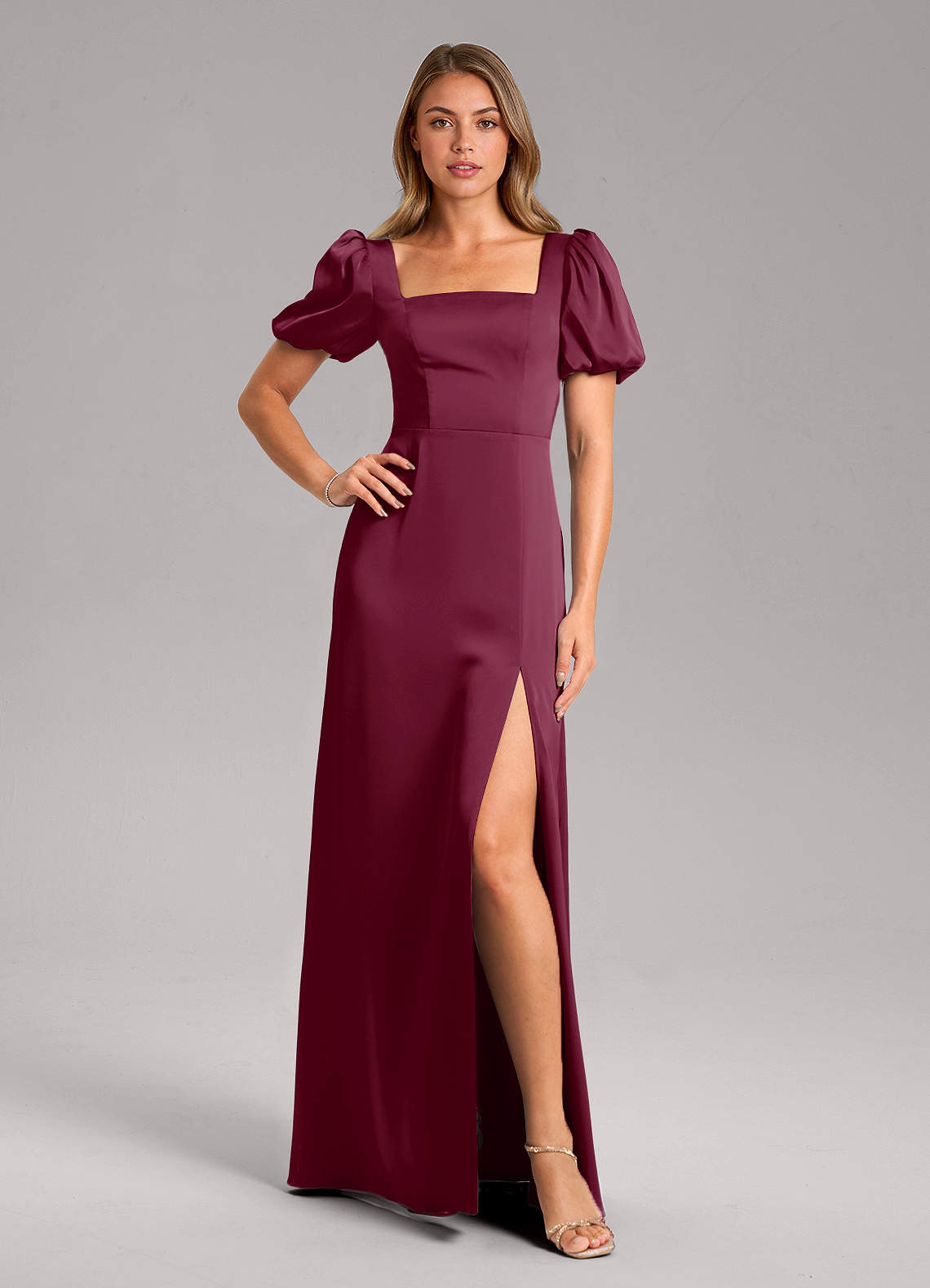Azazie Fyona Robes de demoiselle d'honneur Robe Trapèze en Satin extensible Plissée Mûre image1
