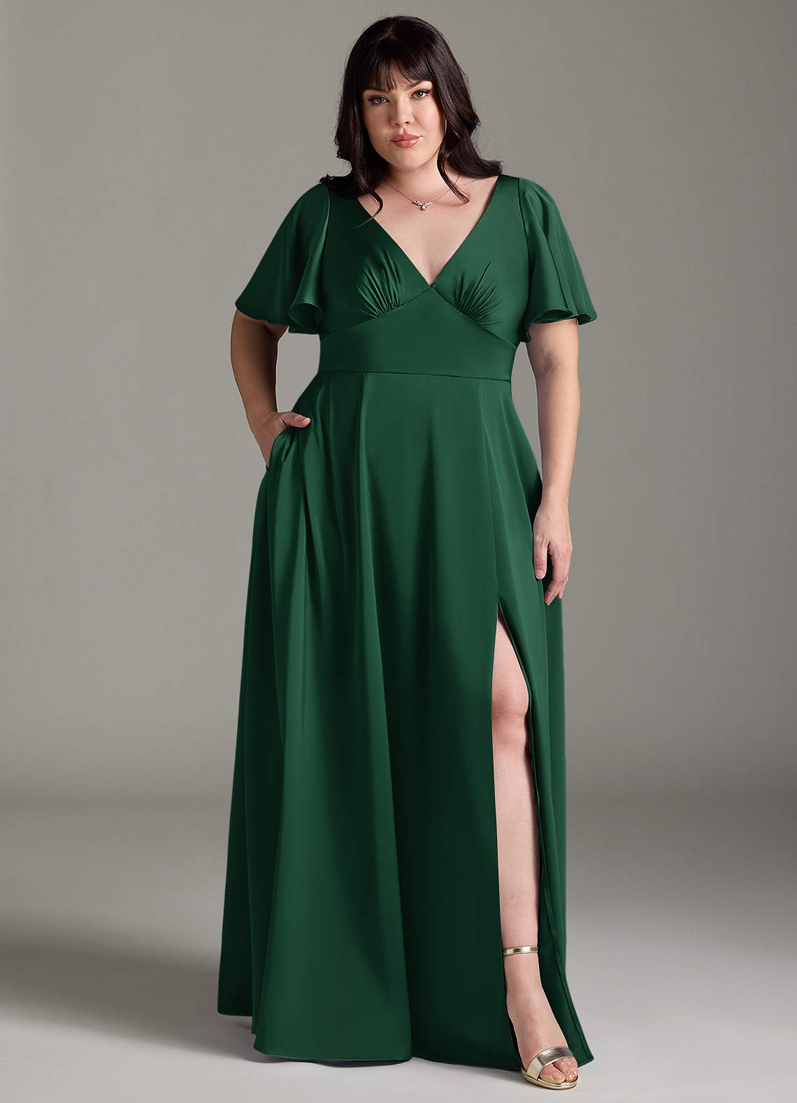 Azazie Kimber Bridesmaid Dresses Dark Green A-Line Ruched Stretch Satin Dress image1