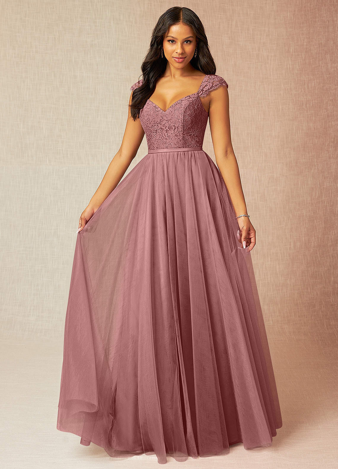 Azazie Luxi Bridesmaid Dresses Desert Rose A-Line Pleated Tulle Dress image1