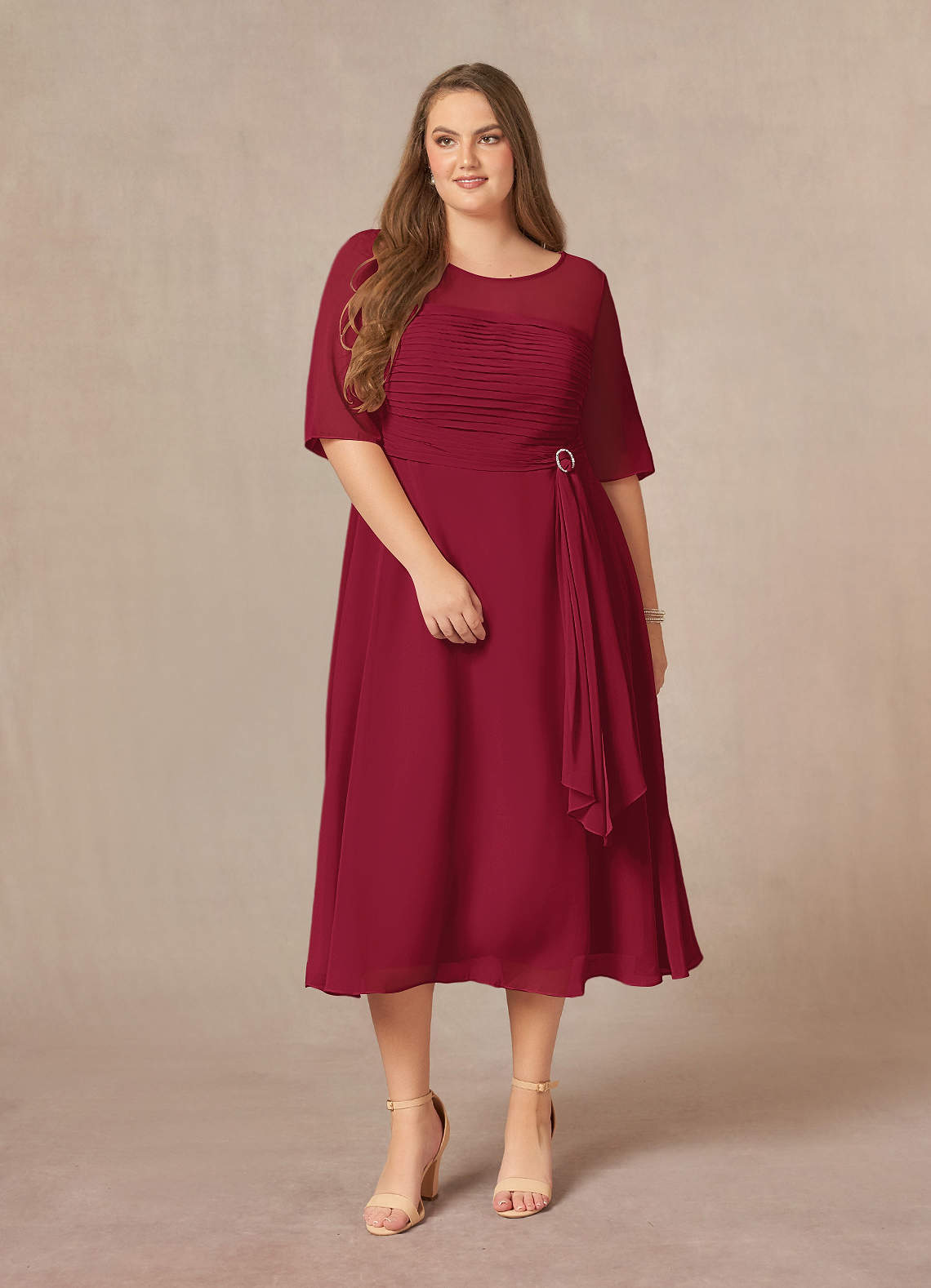 Azazie Naomi At-home Try On Dresses Burgundy A-Line Boatneck Pleated Chiffon Dress image11