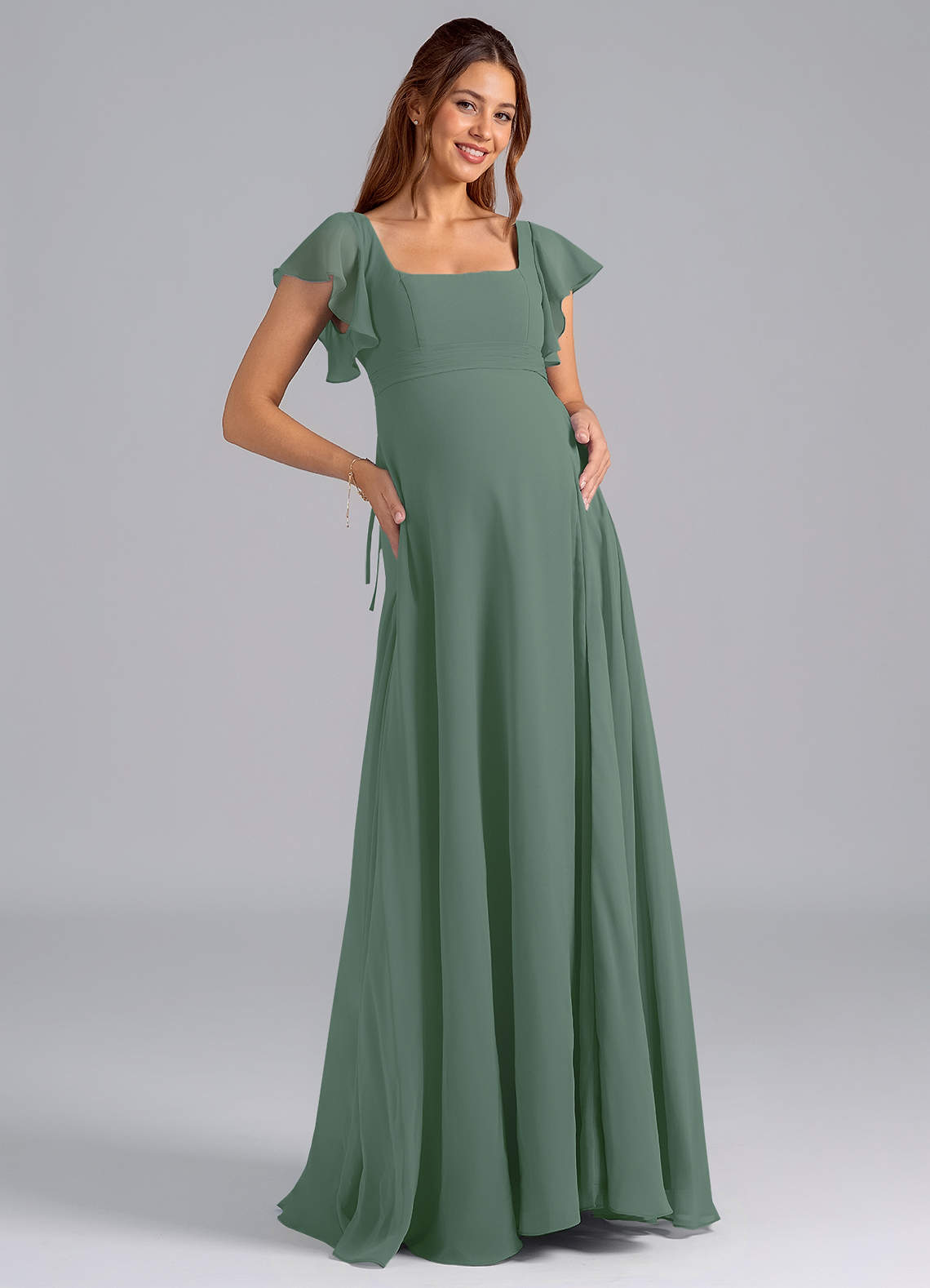 Azazie Bondi Maternity Bridesmaid Dresses A-Line Ruched Chiffon Floor-Length Dress image1