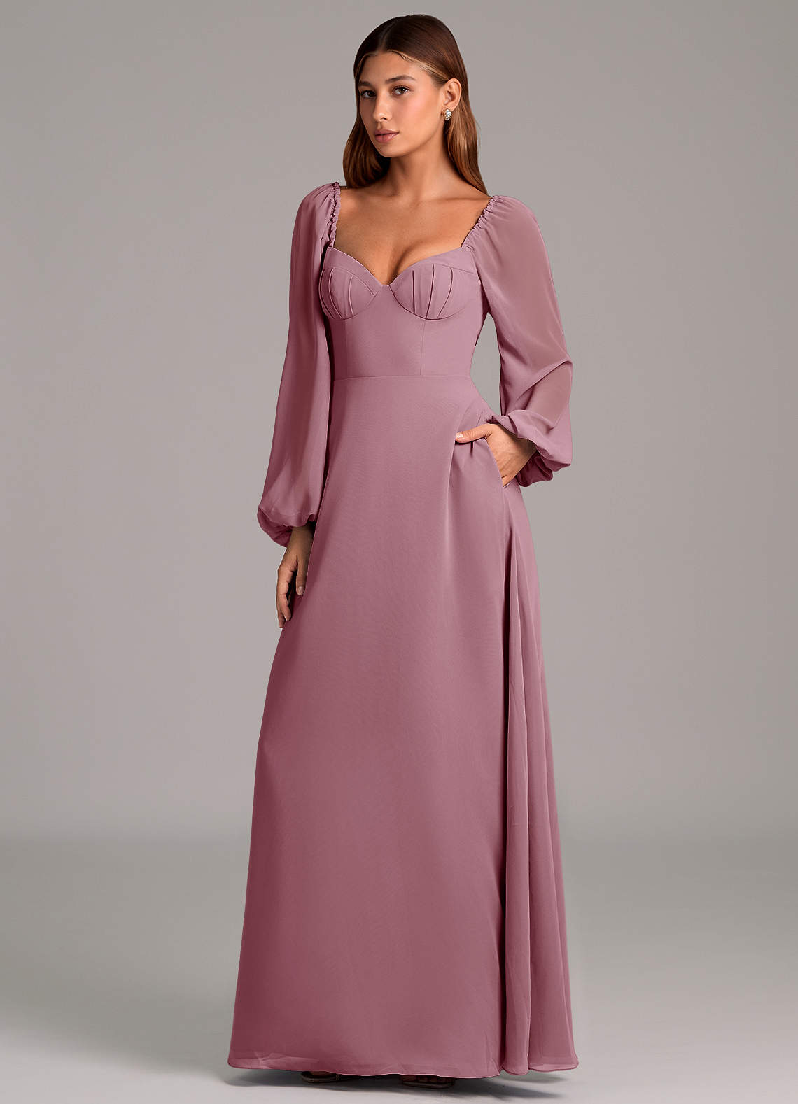 Azazie Annistyn Bridesmaid Dresses Vintage Mauve A-Line Long Sleeve Chiffon Dress image1