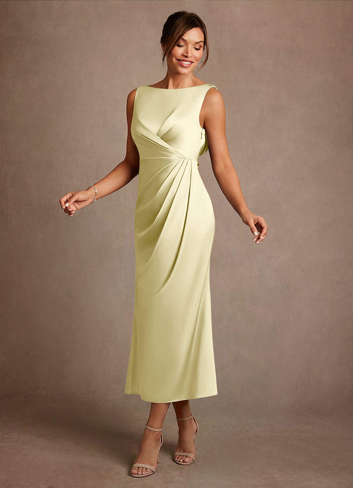 Azazie Mazhe Klänningar till brudens mor Klänning A-Line i Stretch Satin Plisserad Citronsorbet image2