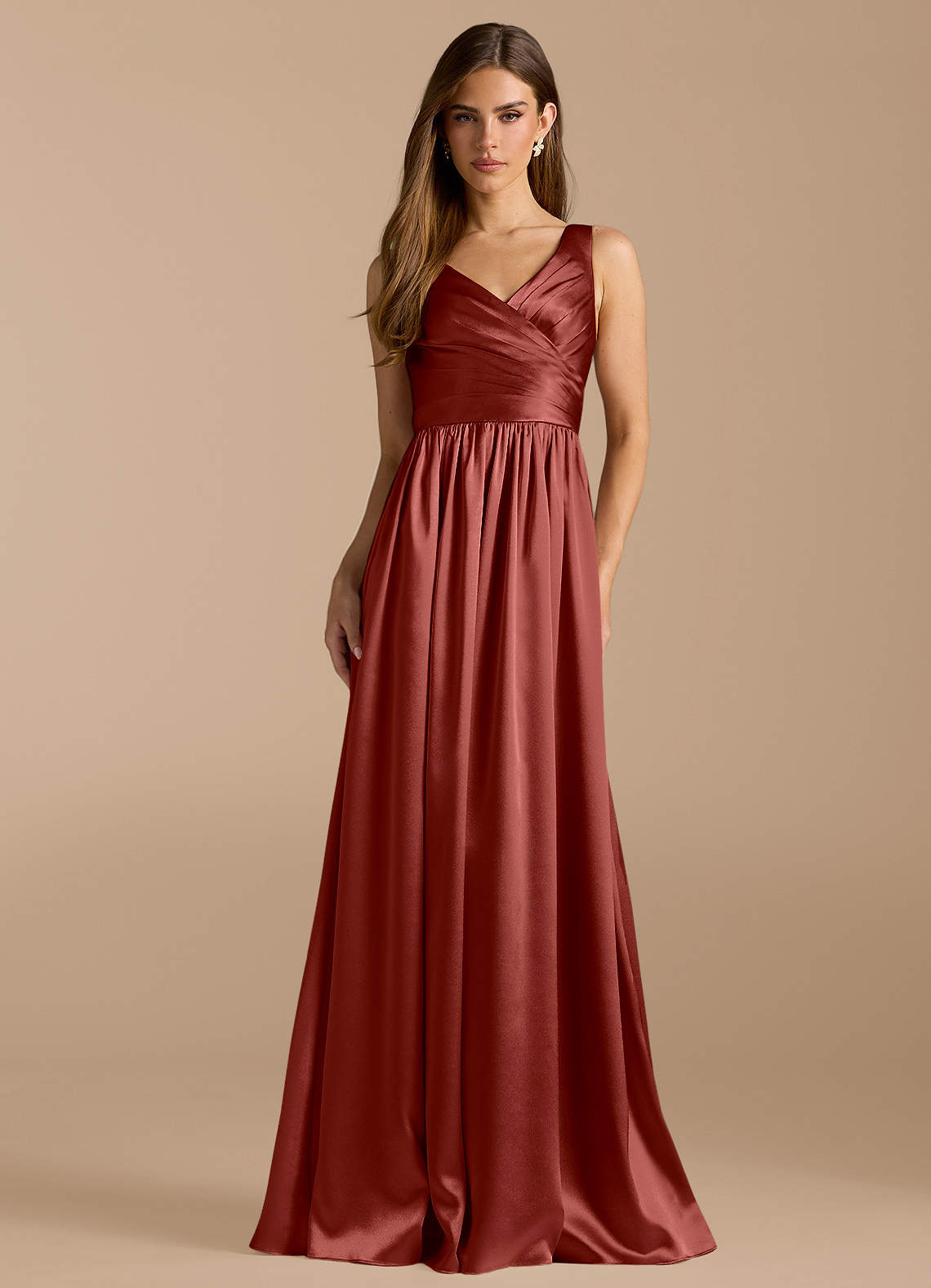 Azazie Keyla Bridesmaid Dresses Terracotta A-Line Pleated Metallic Satin Dress image1
