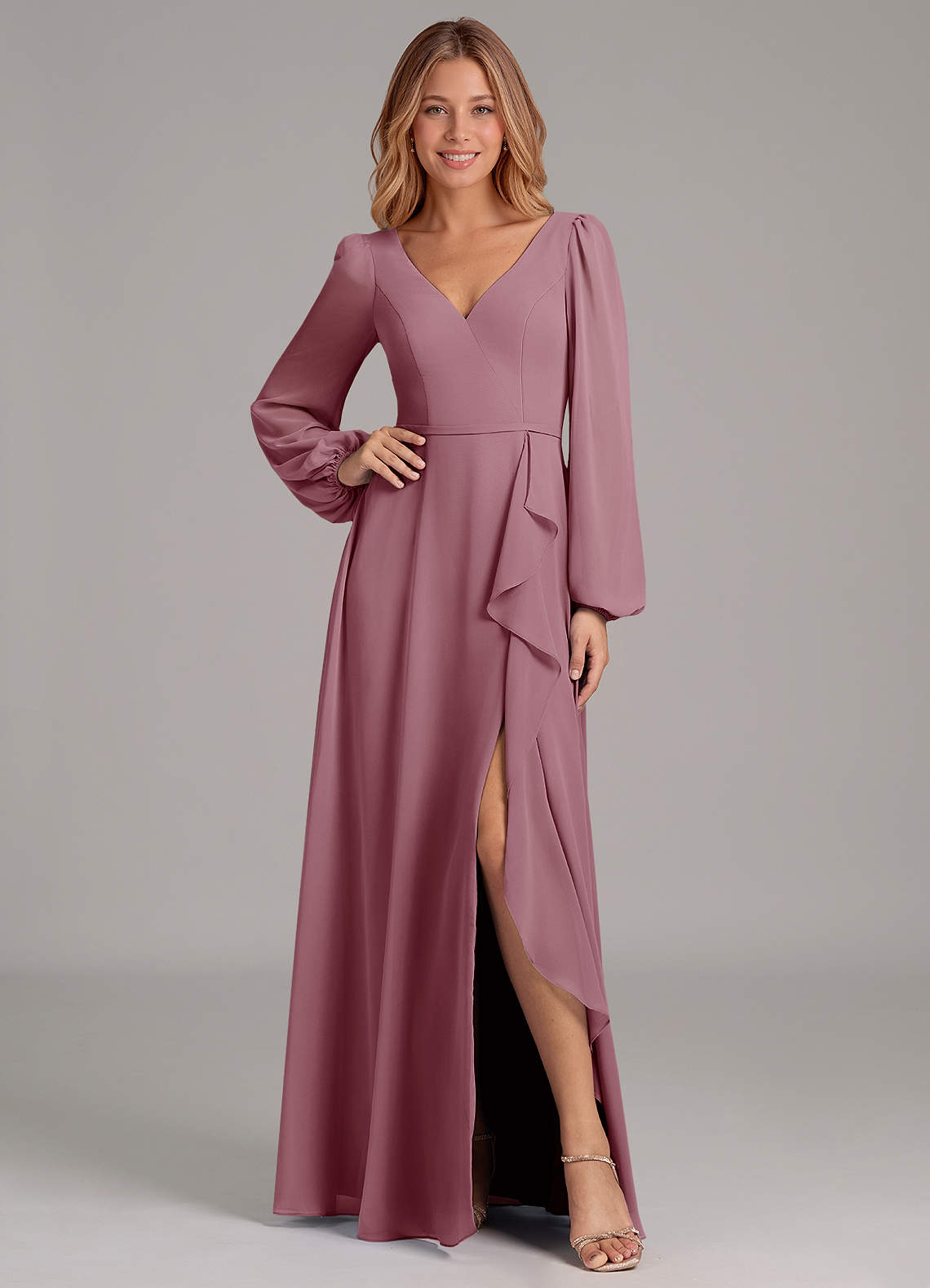 Azazie Simone Bridesmaid Dresses Vintage Mauve A-Line Long Sleeve Chiffon Dress image1