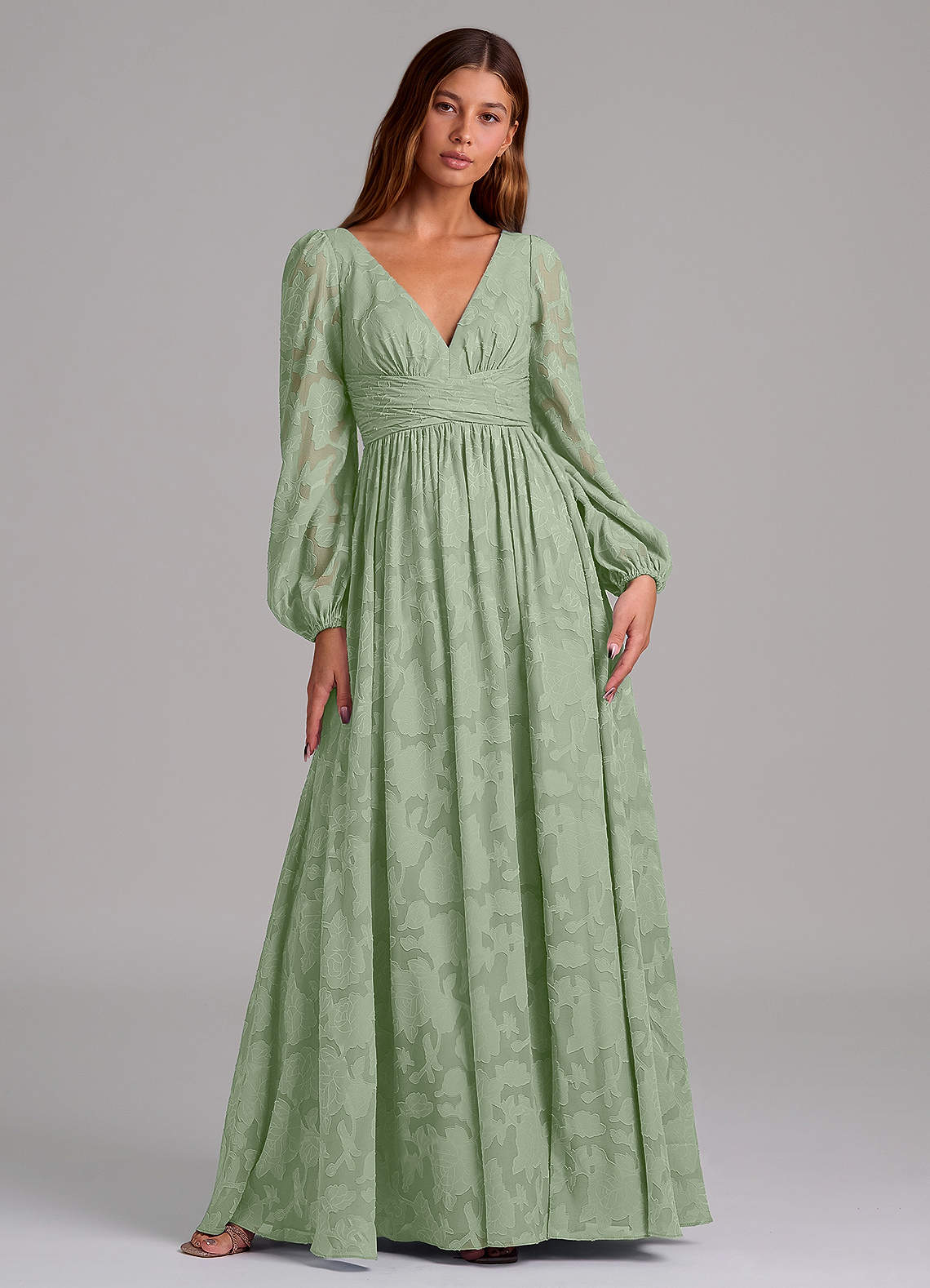 Azazie Norah Brautjungfernkleider A-Linie Langarm Blumen-Burnout Kleid Staubiger Salbeigrün image1