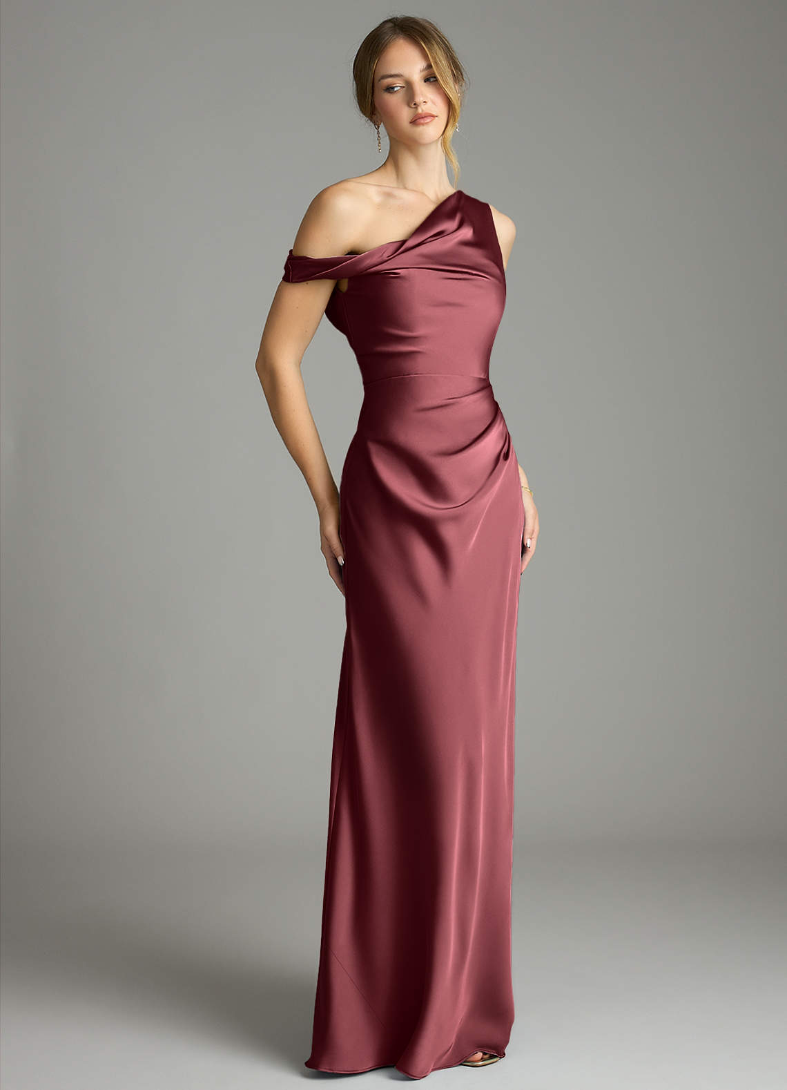 Azazie Emerson Bridesmaid Dresses Merlot Mermaid Off the Shoulder Stretch Satin Dress image4