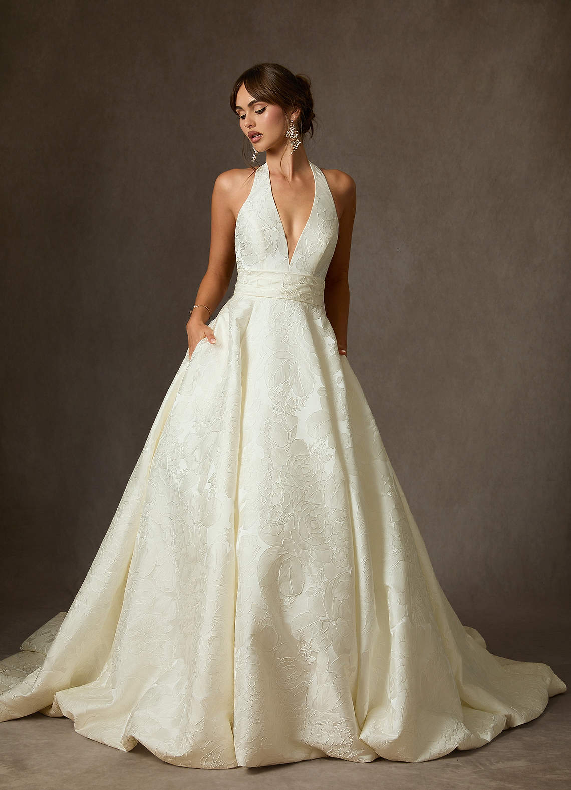 Azazie Saphira Wedding Dresses Antique White Ball-Gown with Pockets Floral Jacquard Dress image3