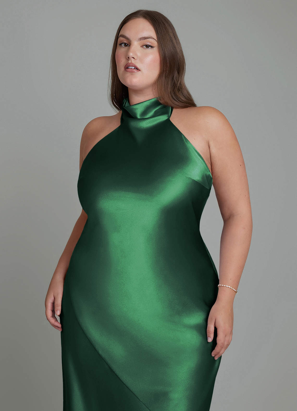 Azazie Sheath Halter Neck Floor-Length Metallic Satin Bridesmaid Dresses