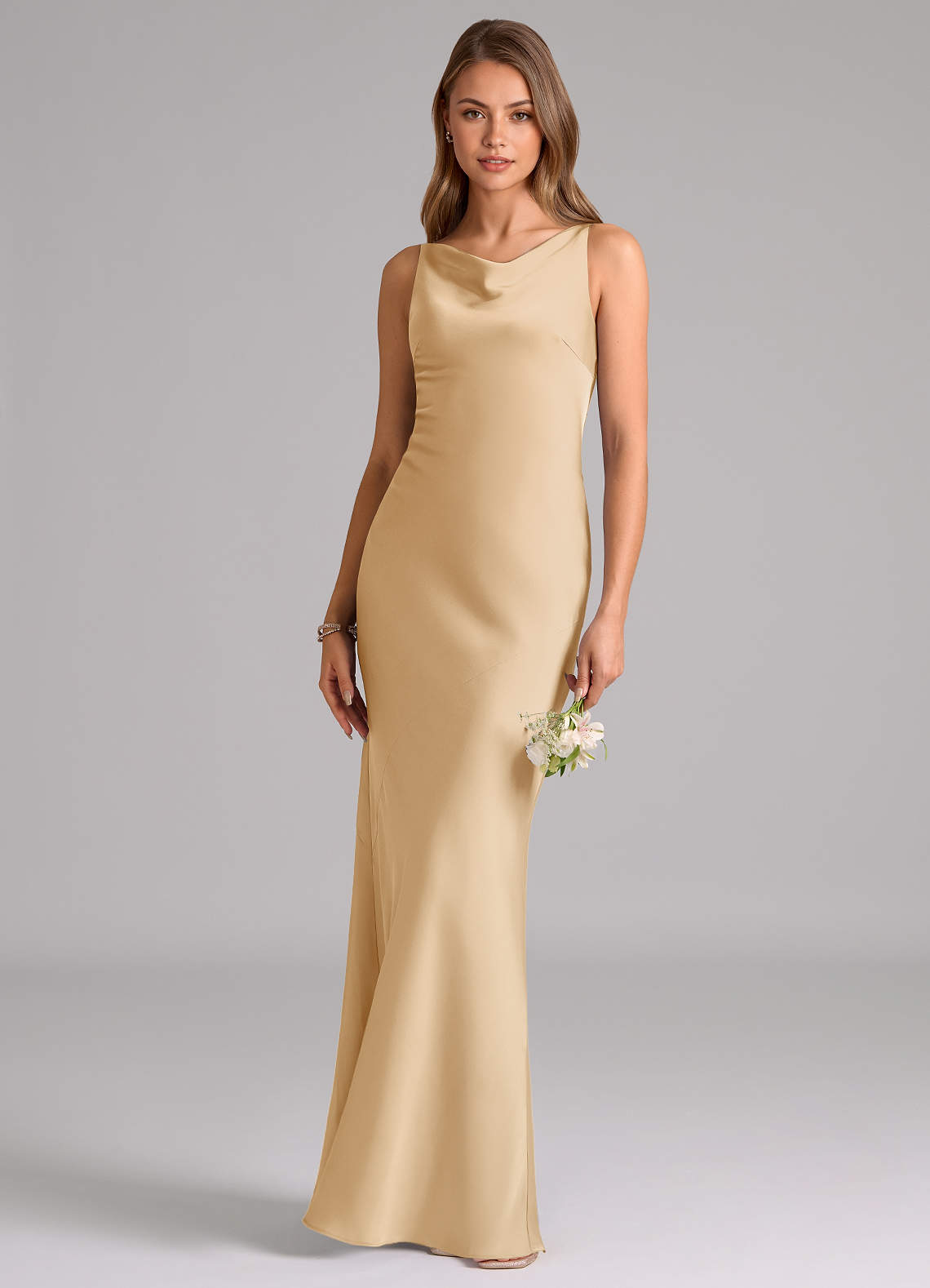 Azazie Allettie Bridesmaid Dresses Gold Mermaid Stretch Satin Dress image1