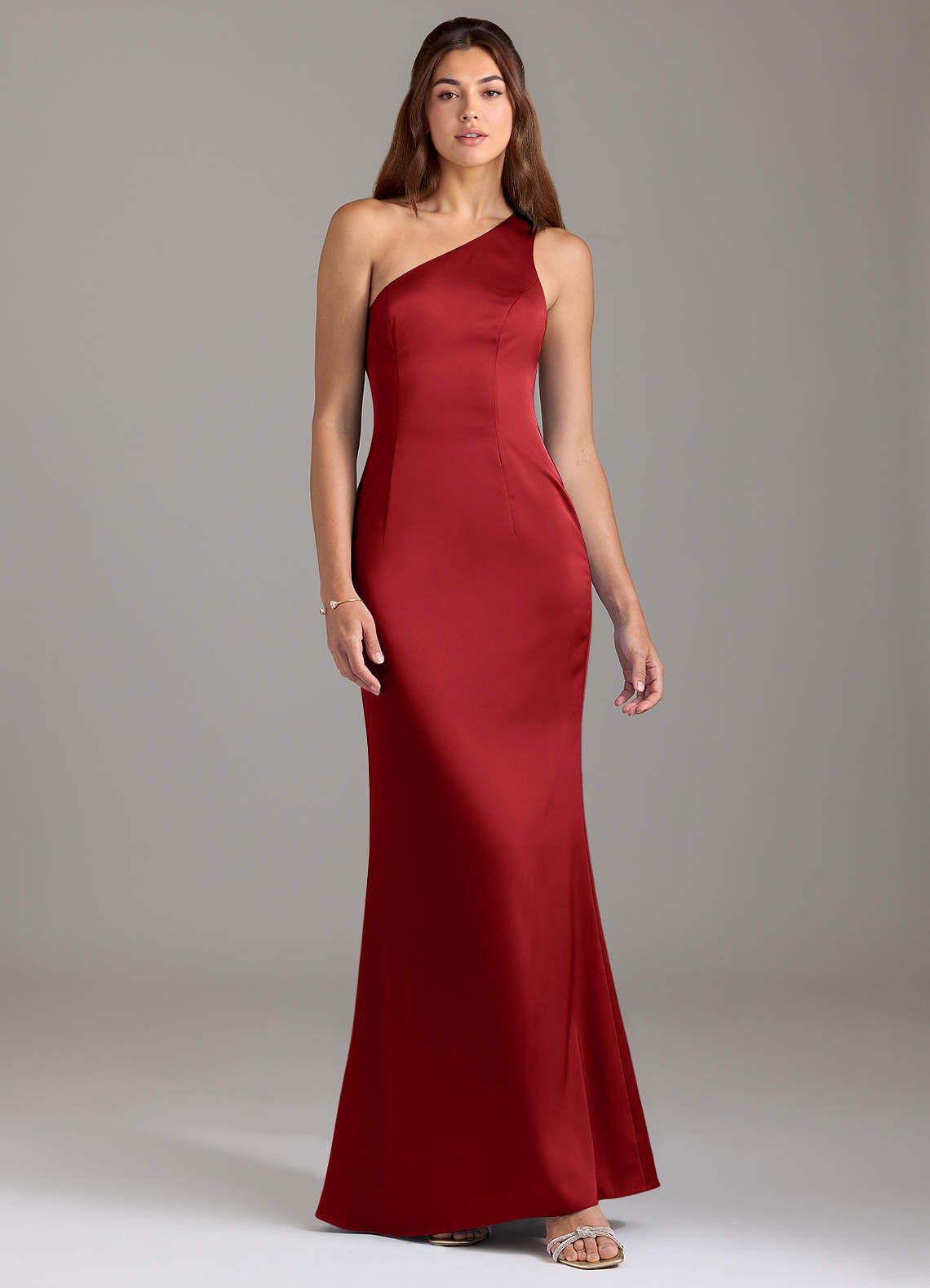 Azazie Arleth Bridesmaid Dresses Pomegranate A-Line One Shoulder Stretch Satin Dress image1