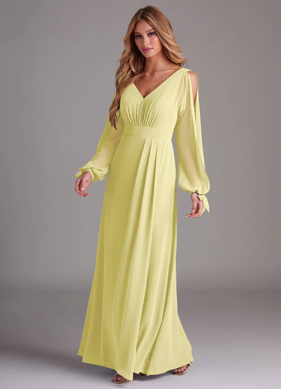 Azazie Matilda Bridesmaid Dresses Lemon Sorbet A-Line Long Sleeve Chiffon Dress image1