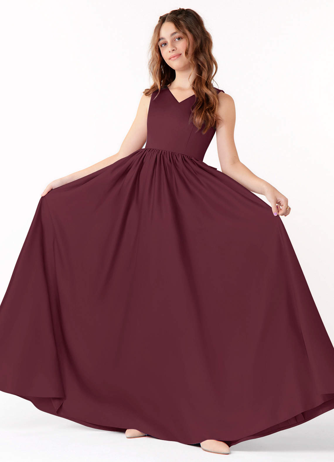 Azazie Hathaway Junior Cabernet A-Line Bow Matte Satin Dress image1