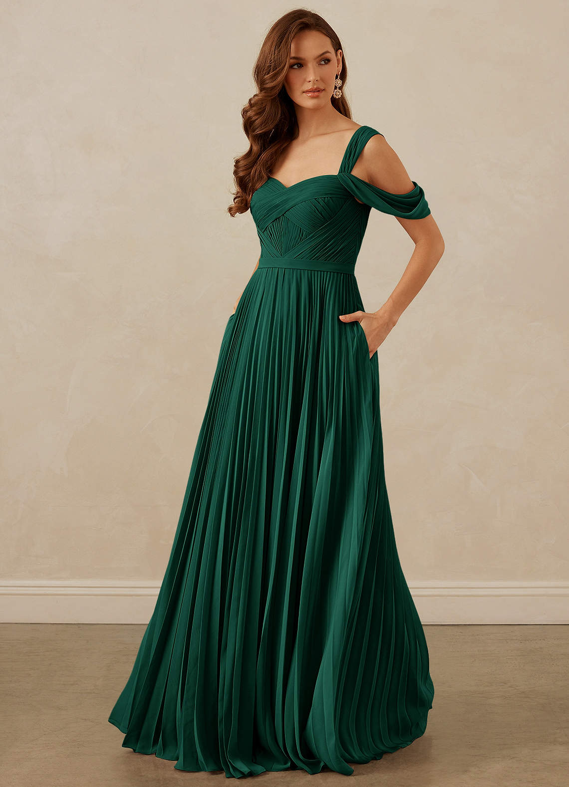 Christian Siriano Bridal for Azazie 1013 Bridesmaid Dresses Emerald A-Line Off the Shoulder Chiffon Dress image1