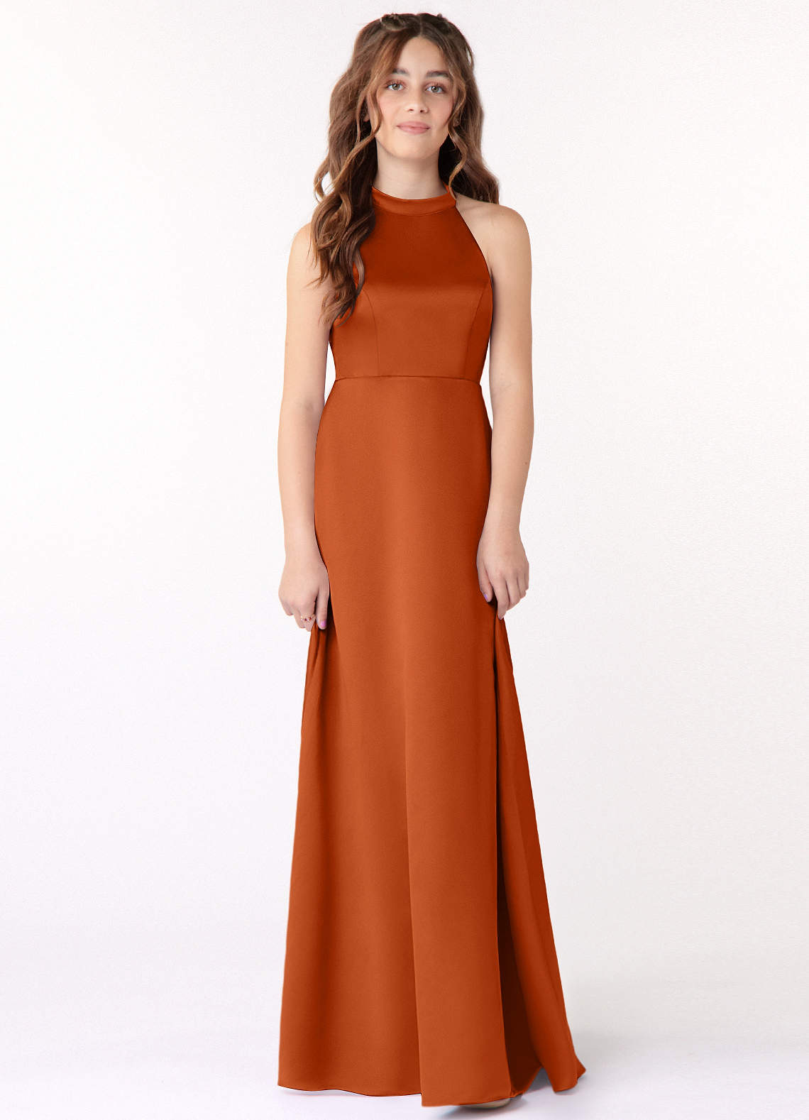 Azazie Laurel Junior Burnt Orange A-Line Stretch Satin Dress image1