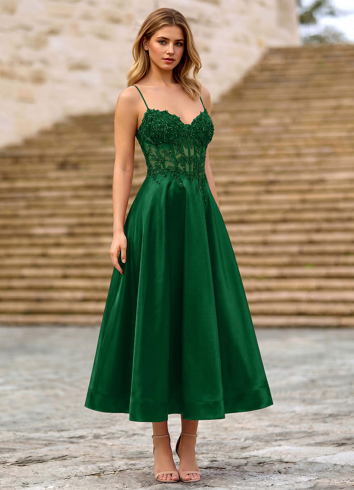 Cemtine Dark Green Lace Sequin Embroidery Satin Wedding Guest