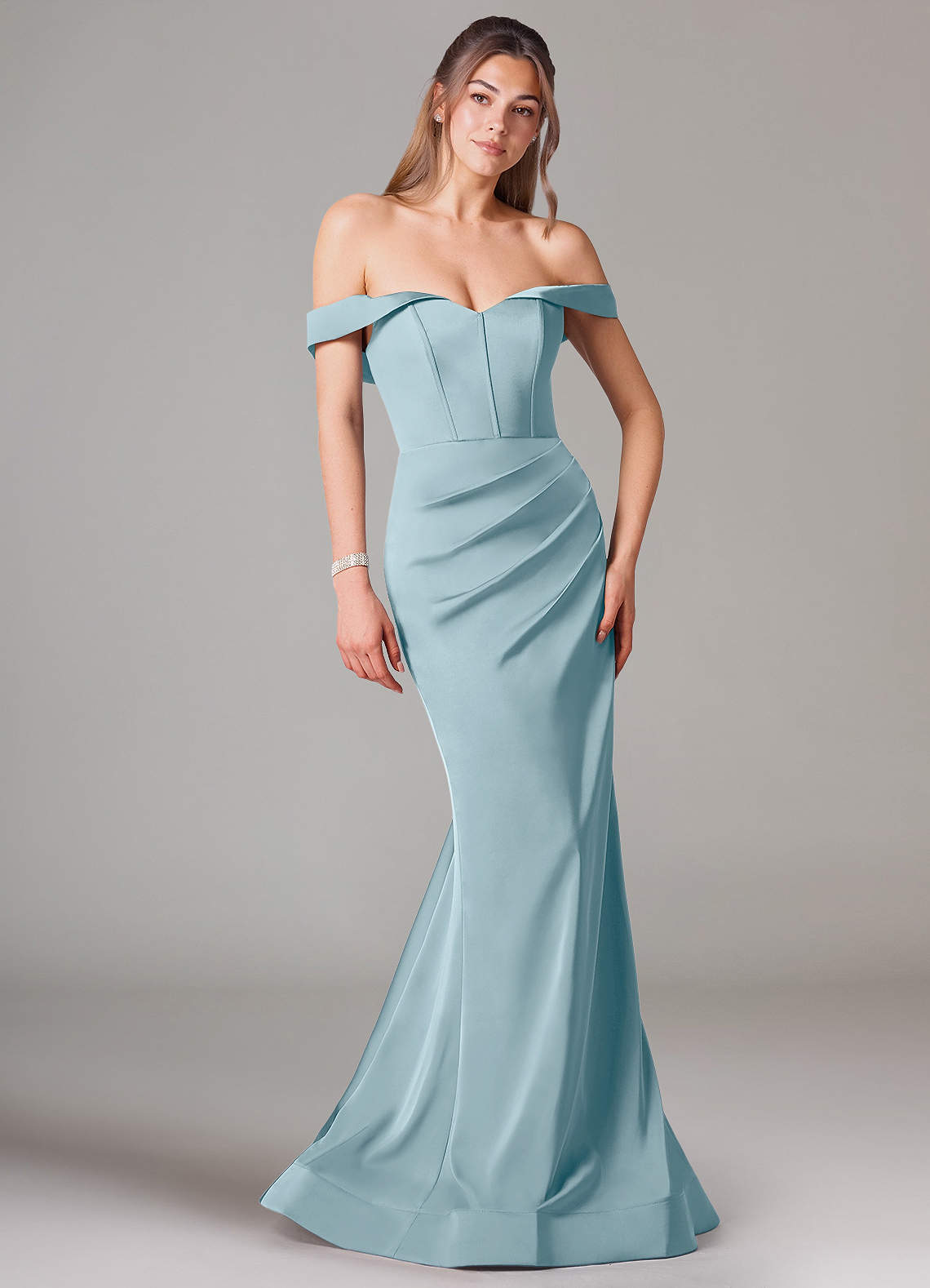 Azazie Everly Jurken voor bruidsmeisjes Converteerbaar Jurk van Stretch Satijn met Zeemeermin Off the Shoulder Mystiek Blauw image1