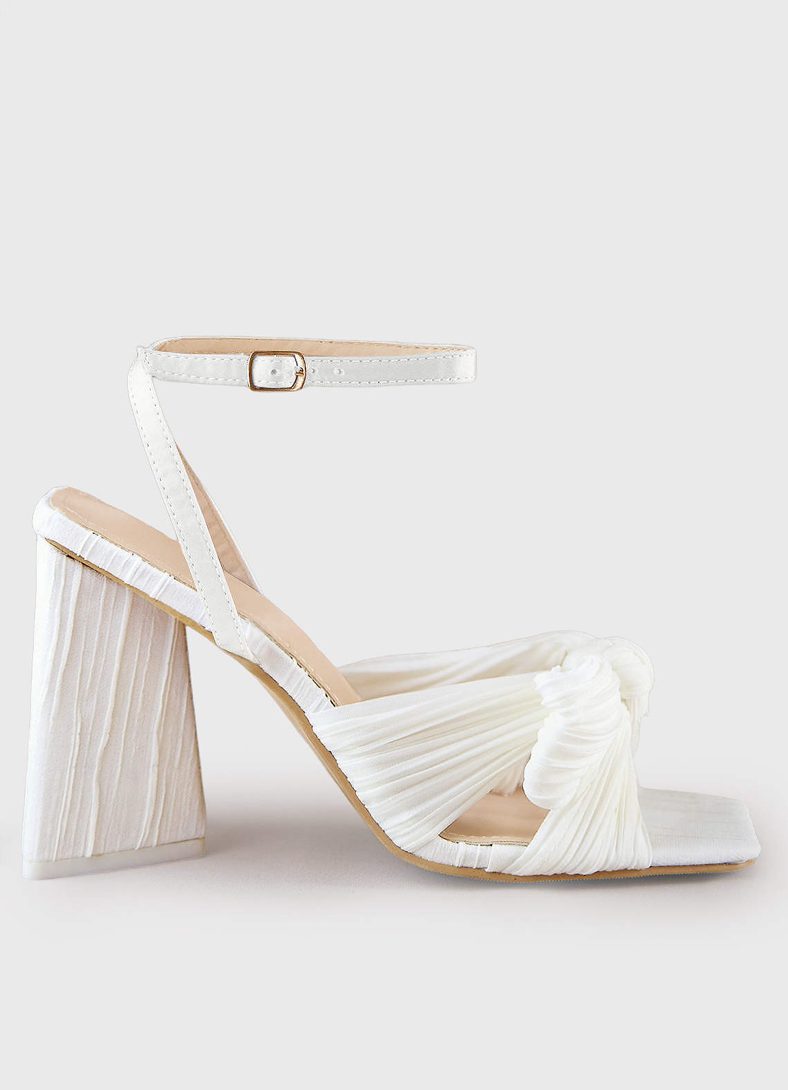 front White Pleated Chiffon Bow Mid-Heel Sandals