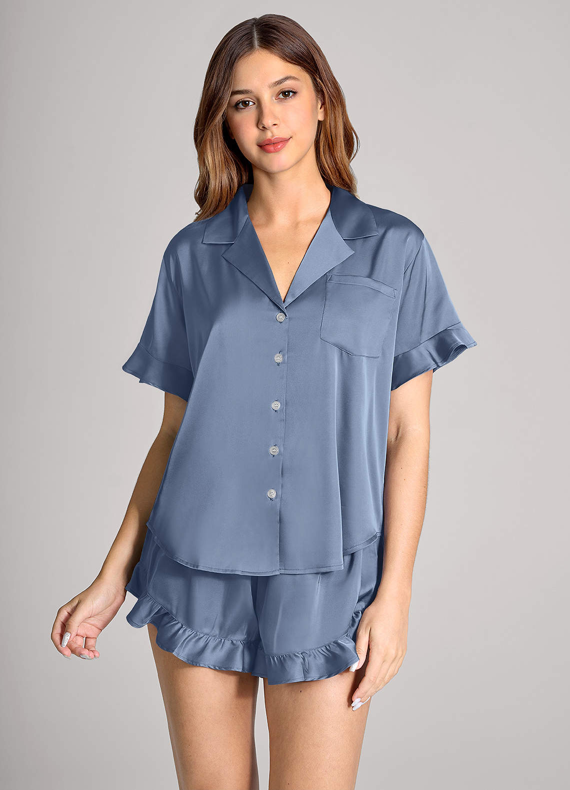 front Matching Color Ruffled Short Sleeve Pajama Set