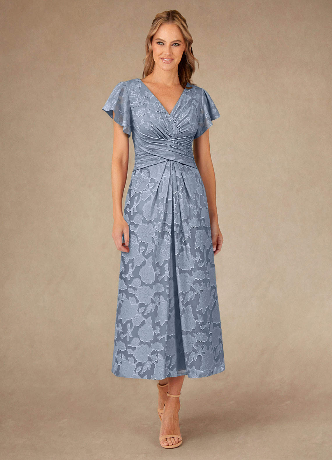 Azazie Vera Mother of the Bride Dresses Dusty Blue A-Line Pleated Floral Burnout Dress image1