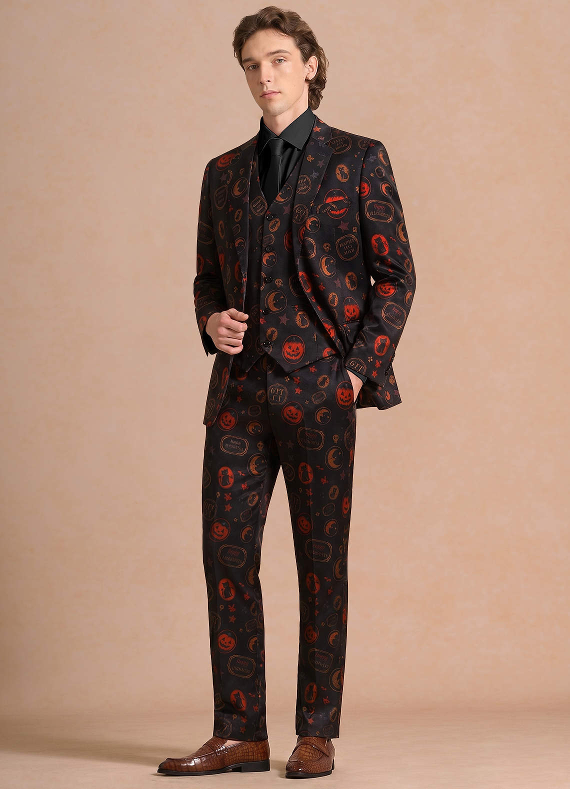 front Caleb Black Vintage Halloween Print 3-Piece Suit