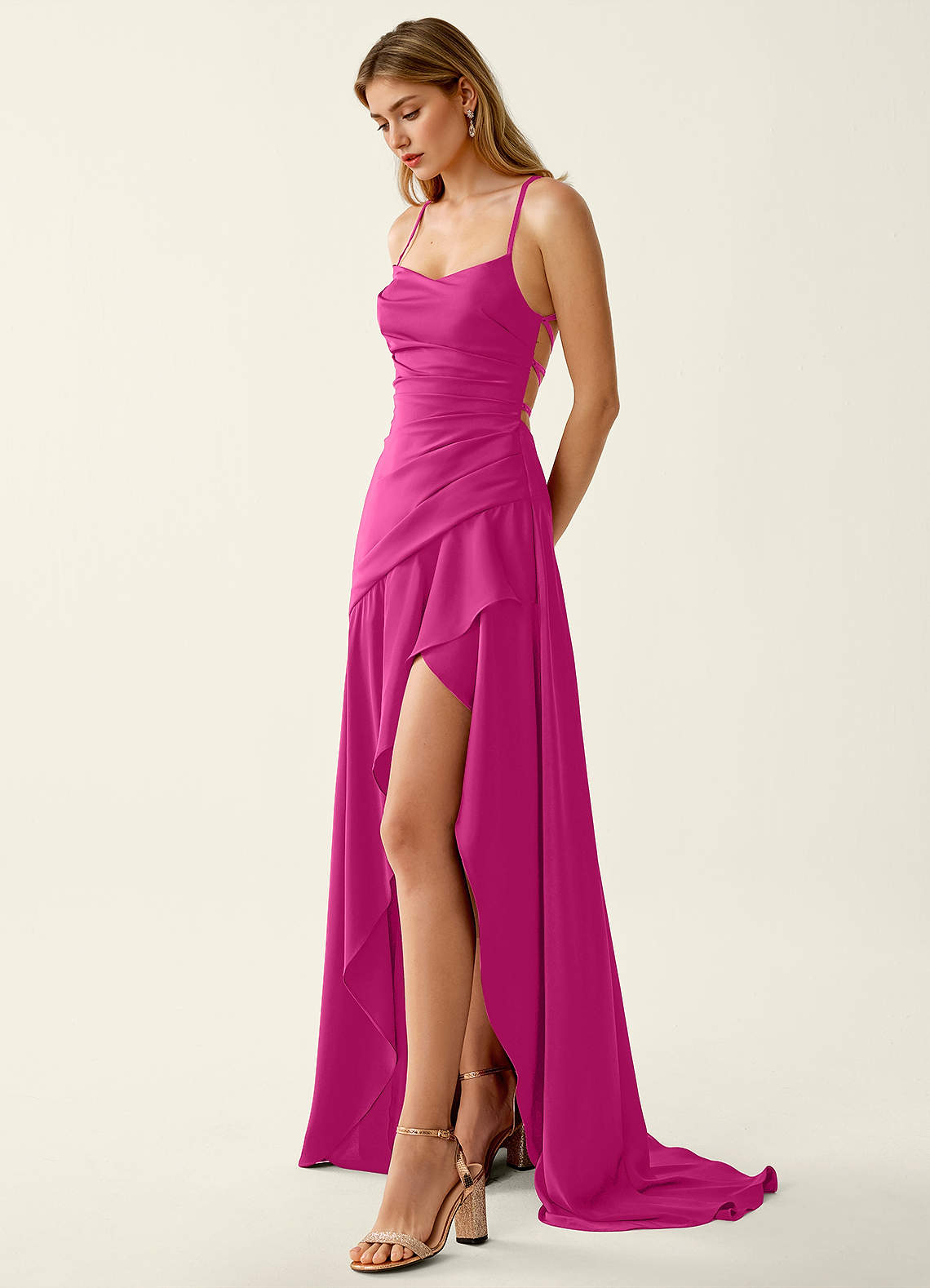 Annabella Rose Hot Pink Satin Lace Up Back Prom Dress | Azazie