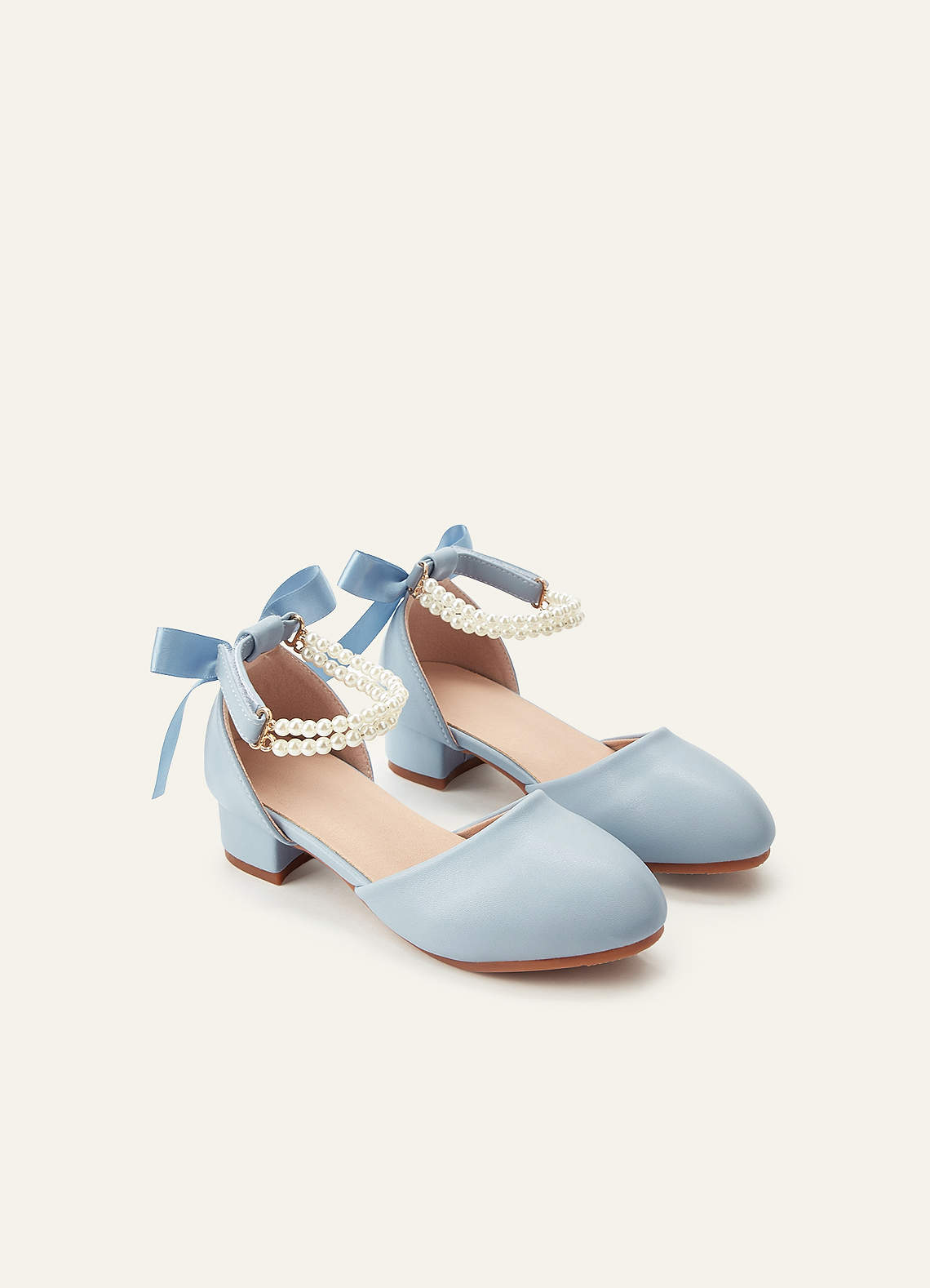front Satin Bow Pearl Strap Girl's Block Heels for Little & Big Kids