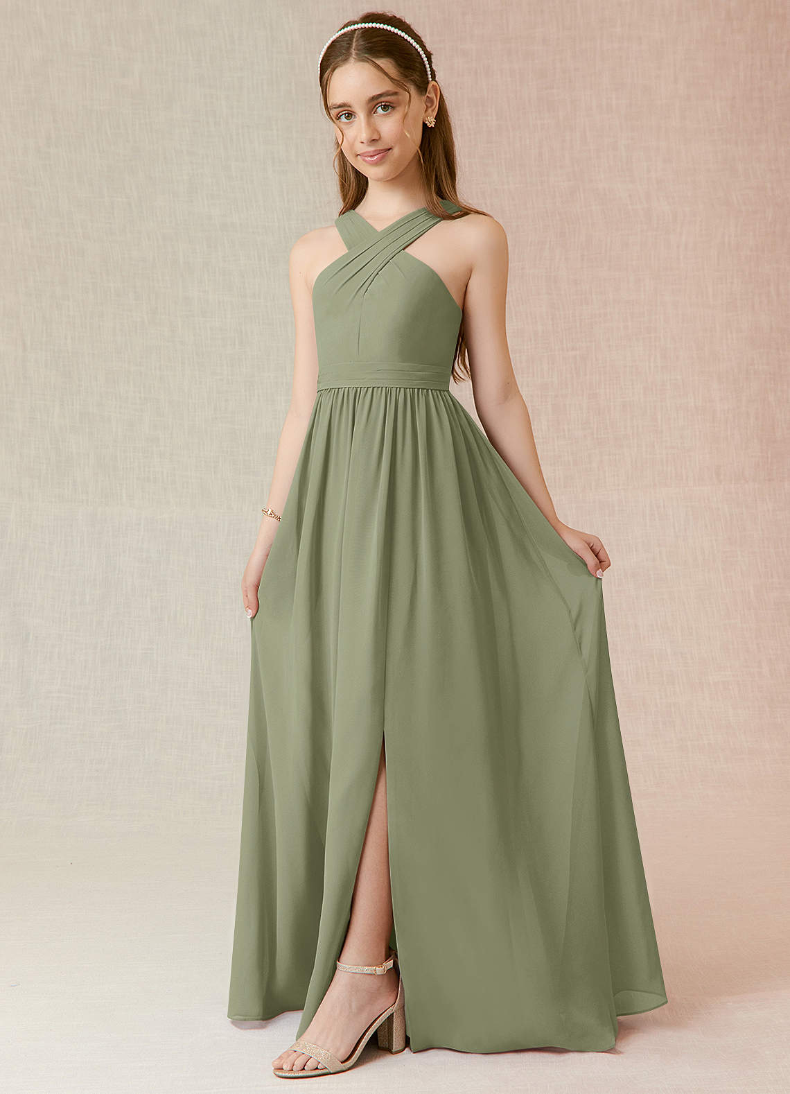 Azazie Jiya Junior Pistachio A-Line Pleated Chiffon Dress image1