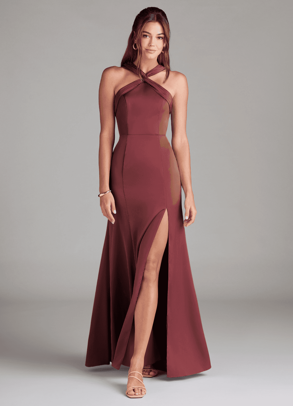 Azazie Rue Bridesmaid Dresses Merlot A-Line Pleated Stretch Satin Dress image1