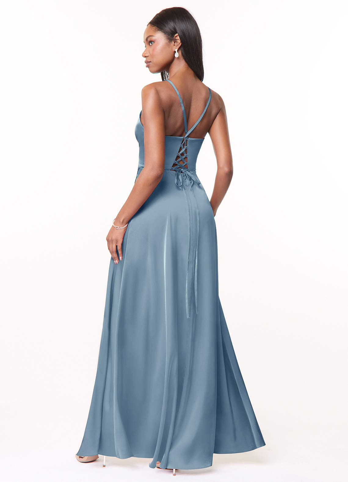 Dark Navy Blue Bridesmaid Dresses A Line Off The Shoulder V-Neck Stretch Satin Bridesmaid Dress With Slit